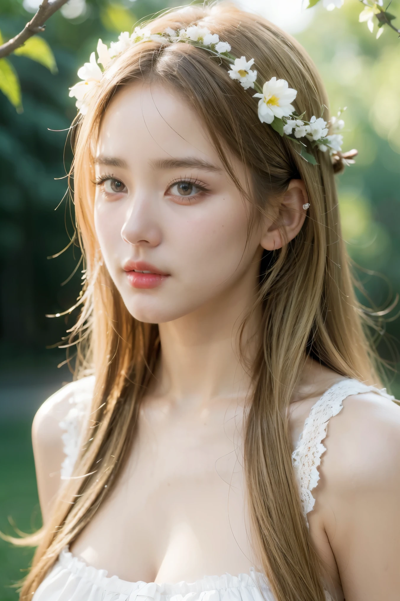 (Masterpiece:1.2), (Best Quality:1.2), perfect eyes, perfect faces, perfect light, 1Girl, Mature female in the field, medium blonde hair, Curly hair, detailed outfit, detailed outdoor background, makeups, eyeshadows, thick eyelashes, Fantasy, Looking at the viewer, springtime