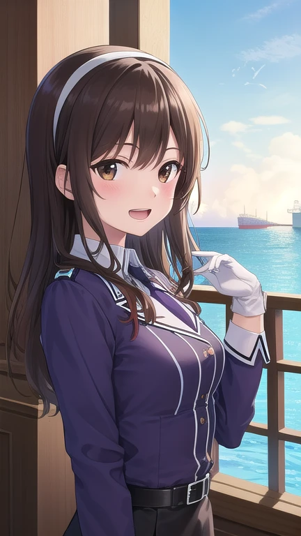 ((masterpiece)),(best quality),official art,extremely detailed CG,unity 8k wallpaper,ultra detailed,A lighthouse on a cliff by the sea,1girl,solo,upper body,(portrait:1.2),long_hair,brown_hair,purple_jacket,white_pantyhose,white_gloves,wavy_hair,brown_eyes,white_hairband,black_skirt,pencil_skirt,long_sleeves,smile,belt,looking_at_viewer,military_uniform,open_mouth,