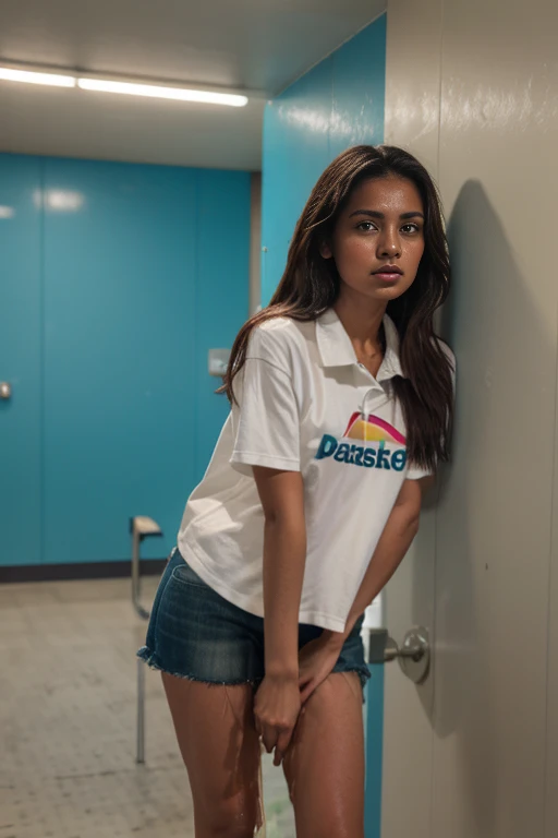 "Girl with a Brazilian face, pele morena,  shirt, cups,  gets wet with fear because her bladder is full , Her face is distressed ,  because she is unable to hold the urine in her bladder She is in the corridor of a school, knocking on a locked bathroom door.   (Urination:0.75), , realistic:1.37, best quality, ultra-detailed, studio lighting, vivid colors, physically based rendering."