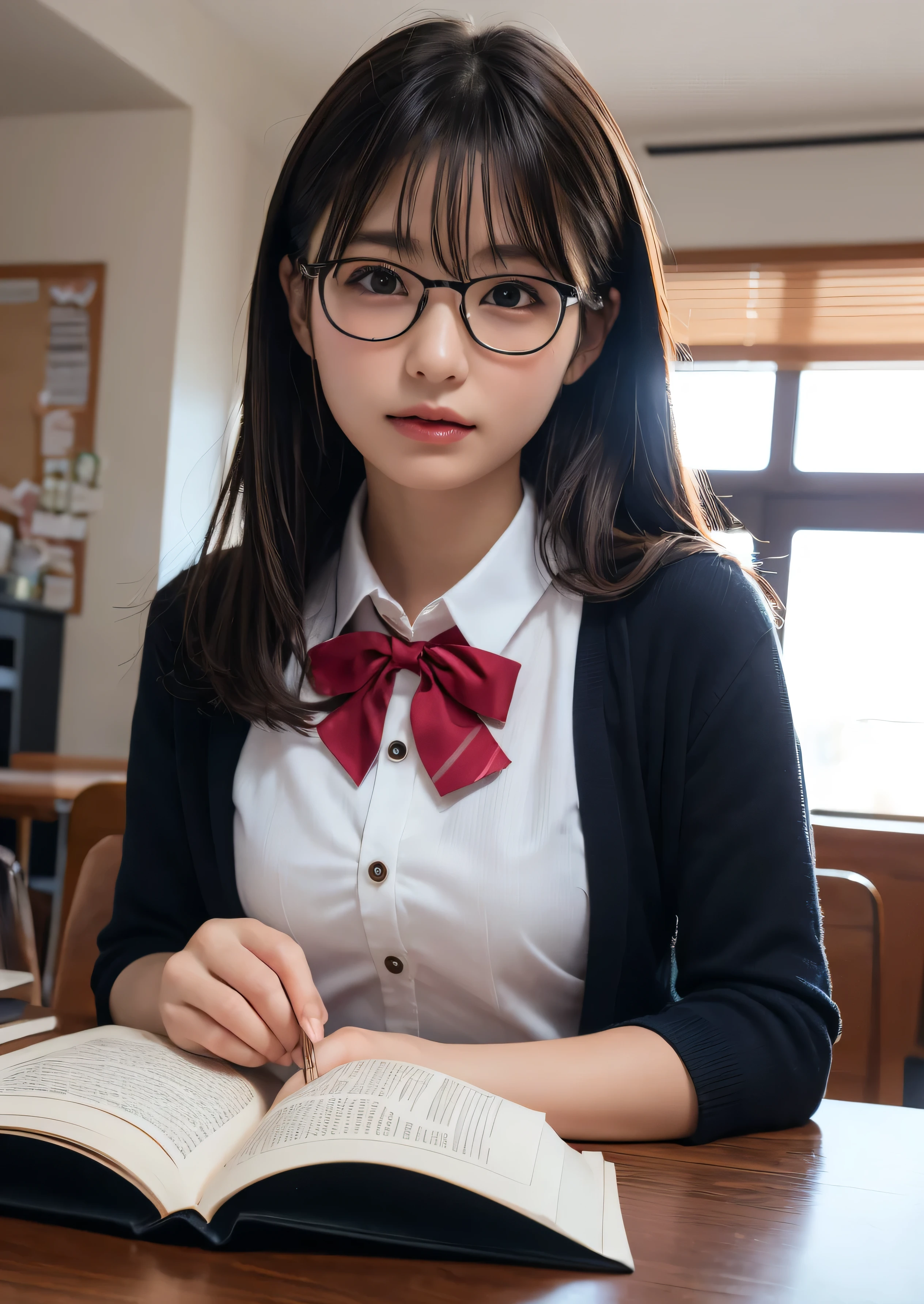 highest quality、Japanese、gal、uniform、high school girl、naked、Glasses、habitual hair、dark pubic hair、Covered in semen、Insert the penis、big breasts、sweaty、orgasm、heavy breathing、classroom、shy