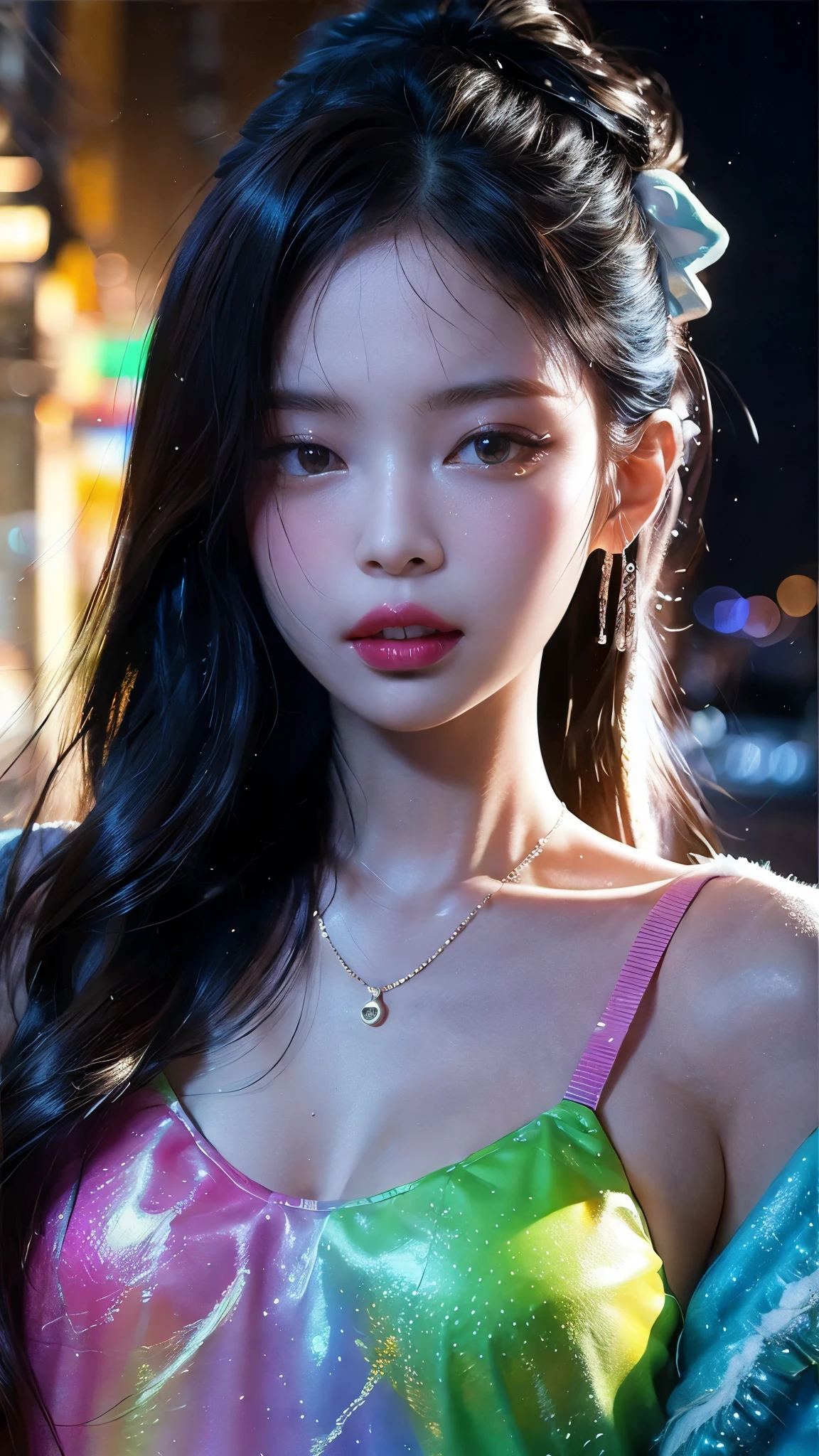 mix4, (8k, RAW photo, best quality, masterpiece: 1.45), (realistic, photorealistic: 1.37), one girl, pale skin, cityscape, night, rain, wet, professional lighting, photons mapping, radiosity, physically based rendering, gradient black hair, gray hair, short curly hair, handsome, girl, black sheer lace(((Deep V-neckline)))slip dress, top quality photo, high res, 1080p, (clear face), (detailed face description), (detailed hand description), (masterpiece), (exquisite CG), extreme light and shadow, disheveled hair, master work, rich details, (fine facial features), (highest quality photo), (masterpiece), (detailed eyes), look in front of you eyes, fine clavicle, ((big breasts, huge areola)),(((areola_slip))),((puffy areolae)),((sideboob)),(underboob),(((collar))),earrings,cleavage,(NSFW:1.3)
