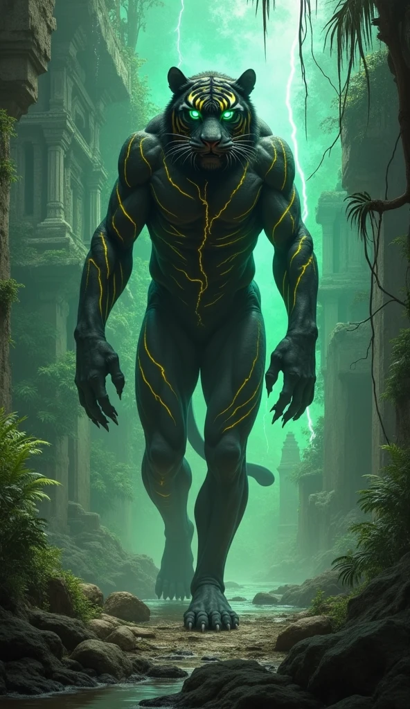 high quality, masterpiece, best detail, full-length, furry black wolf male in black armor with golden feathers and leaves, hands shrouded in golden light, summons vines with thorns from the ground