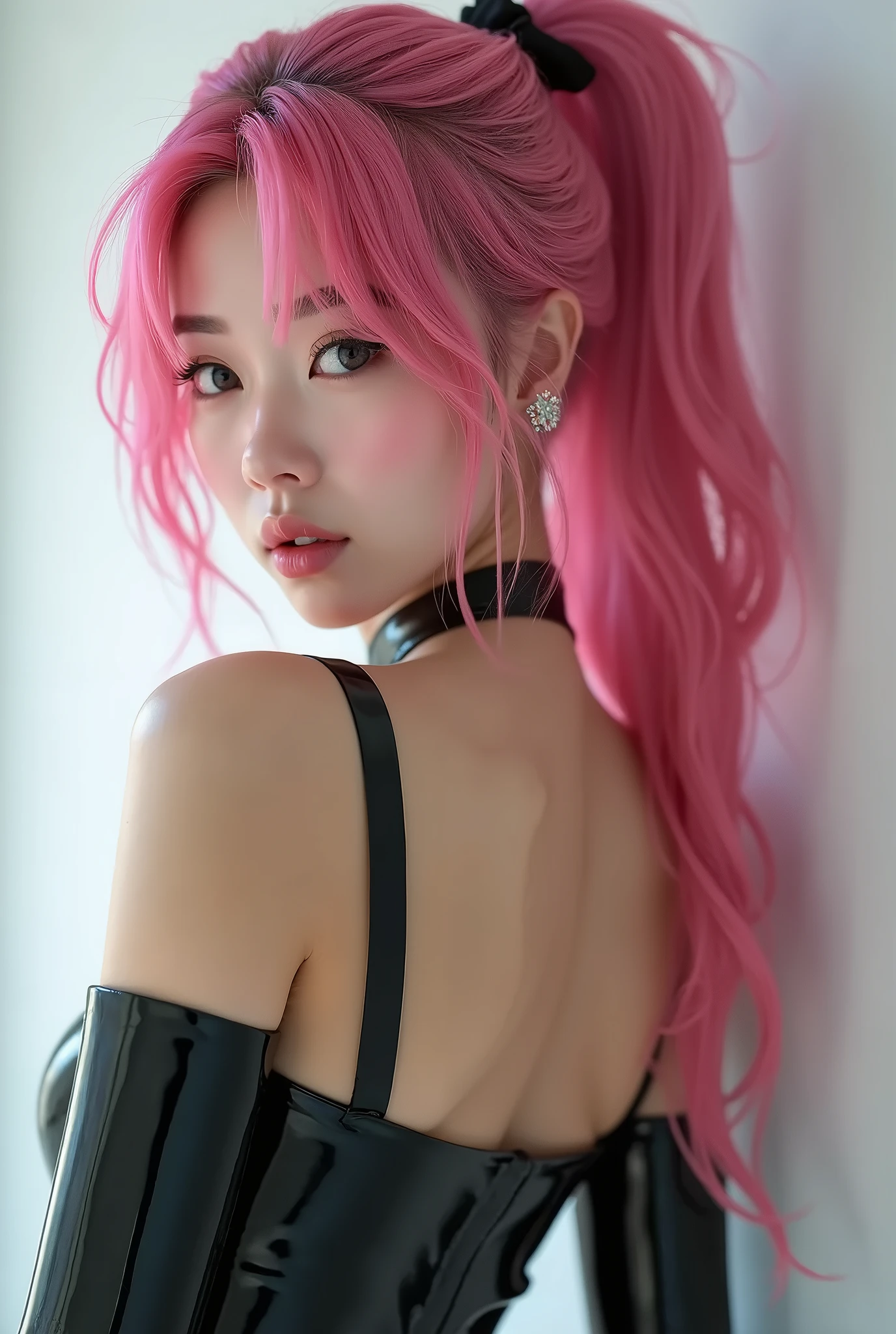 Photorealistic, masterpiece, Korean beauty, very big breasts, tight latex bodysuit, big eyes, very detailed face and eyes, pink hair, goth girl 