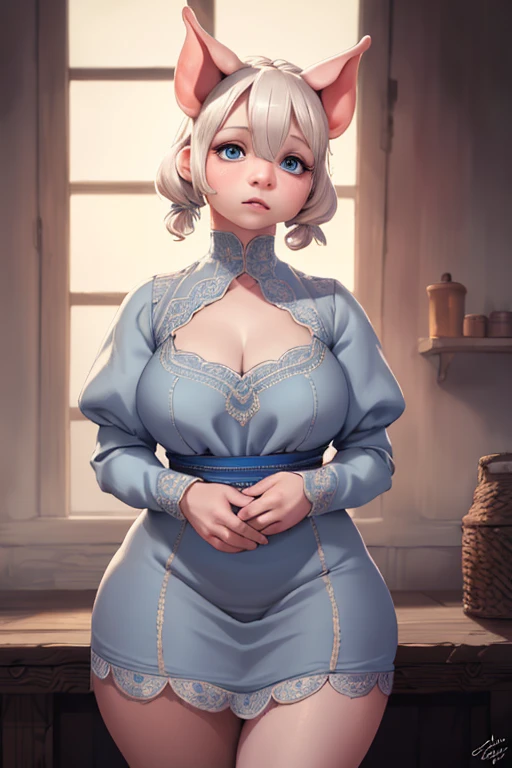 1 girl, anthropormorphic pig-human hybrid, short curly white hair, pig-like ears and nose, blue eyes, thin small lips, round face, wearing embroidered gray dress, large bust, wide hips, thick thighs, pig feet, pig tail, pig-girl, pig sty background, (best quality,4k,8k,highres,masterpiece:1.2),ultra-detailed,(realistic,photorealistic,photo-realistic:1.37),portrait,fantasy,hyper detailed,dramatic lighting,cinematic,intricate details,vibrant colors