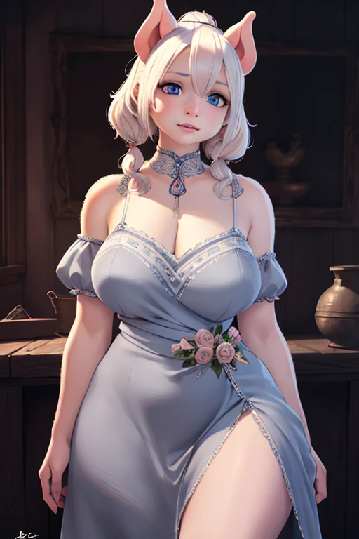 1 girl, anthropormorphic pig-human hybrid, short curly white hair, pig-like ears and nose, blue eyes, thin small lips, round face, wearing embroidered gray dress, large bust, wide hips, thick thighs, pig feet, pig tail, pig-girl, pig sty background, (best quality,4k,8k,highres,masterpiece:1.2),ultra-detailed,(realistic,photorealistic,photo-realistic:1.37),portrait,fantasy,hyper detailed,dramatic lighting,cinematic,intricate details,vibrant colors