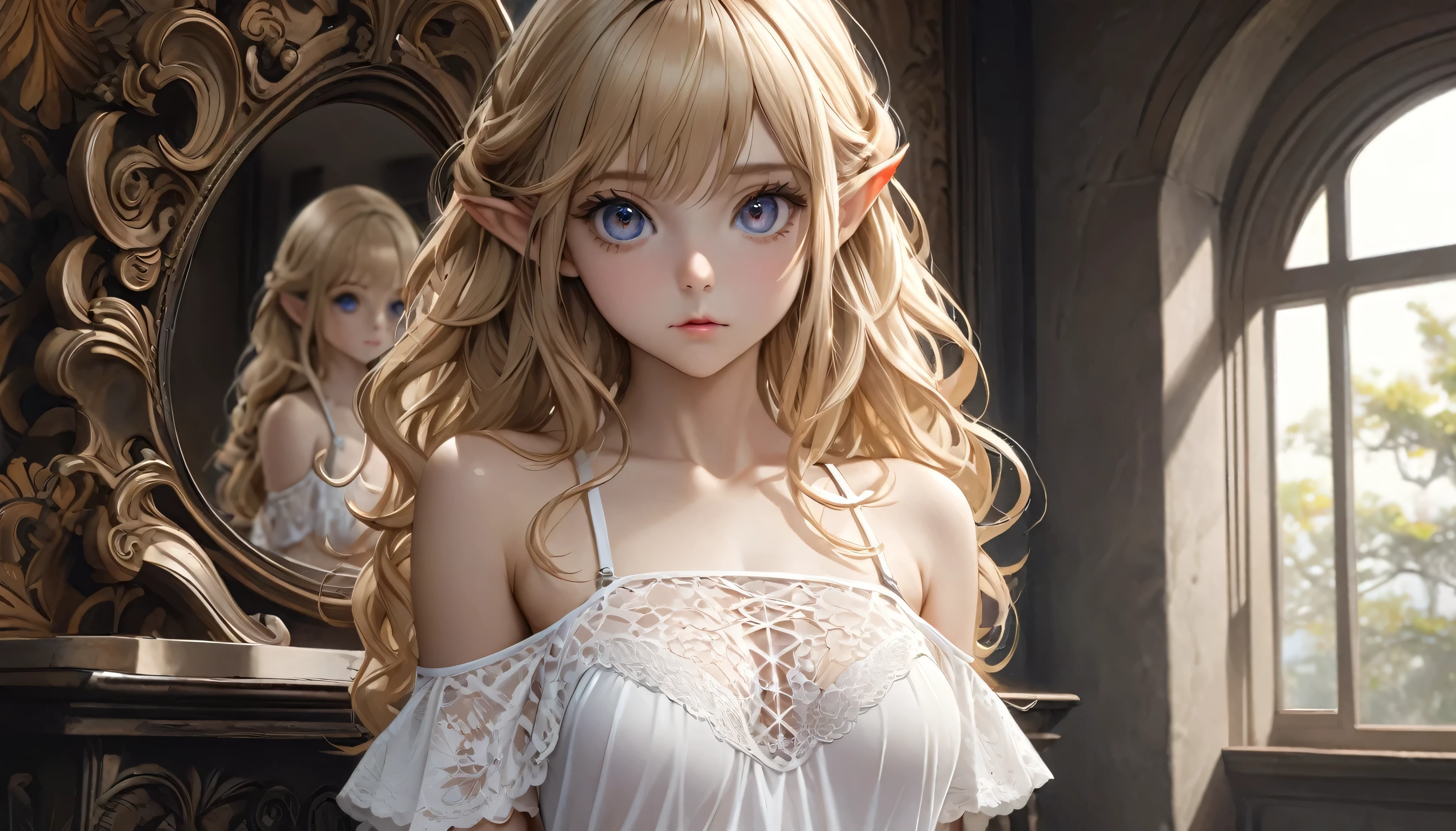 (masterpiece), (best quality), (detailed), large eyes, detailed eyes, (1girl, solo, single girl), young elf girl, perfect body, blonde hair, long  curly hair, defined chest, ((looking at viewer)), defined collarbone, ultra realistic, photorealistic, detailed, white Off The Shoulder Lingerie Dress, Detailed background