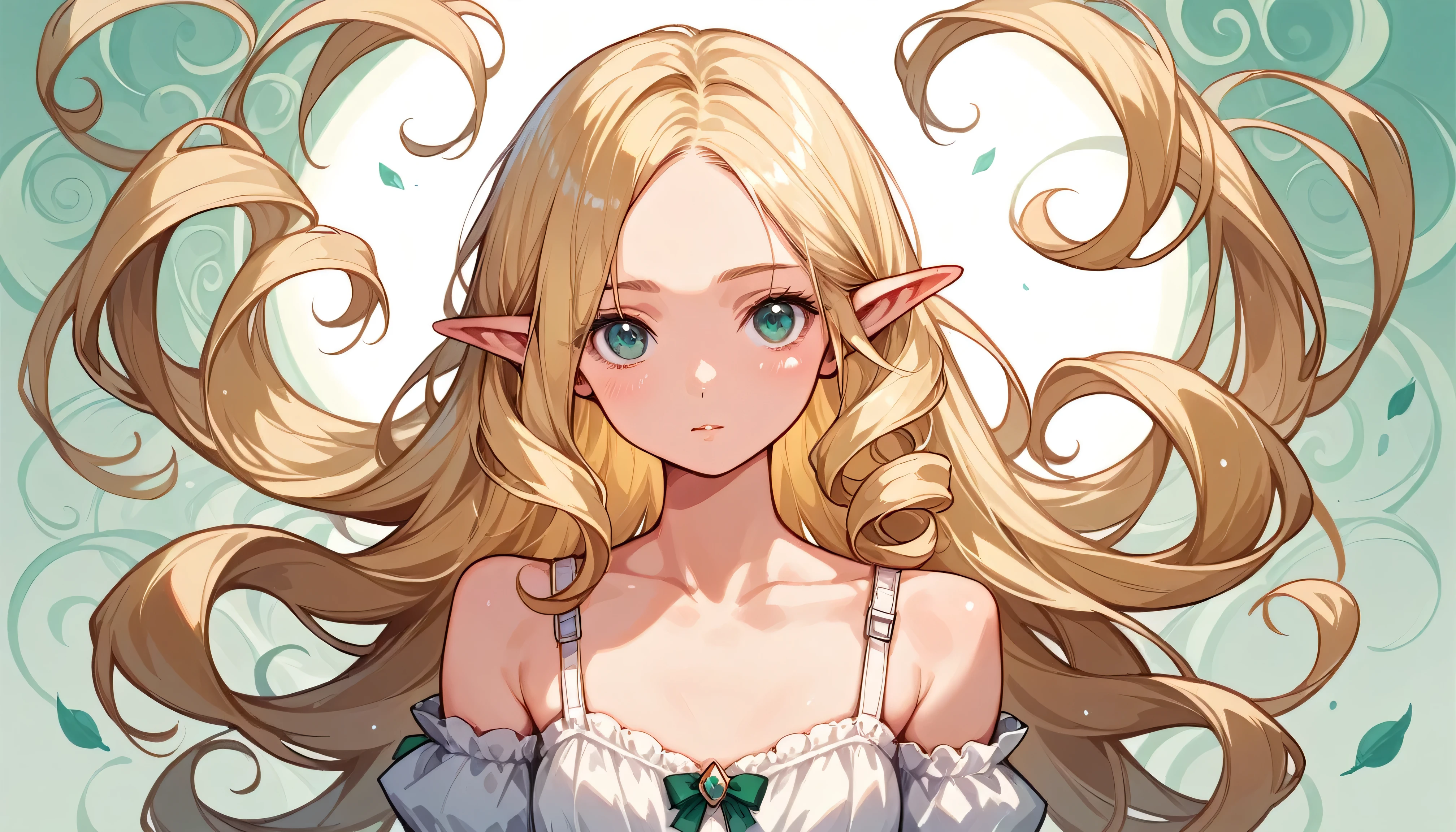 (masterpiece), (best quality), (detailed), light layer, (1girl, solo, single girl), young elf girl, perfect body, blonde hair, long  curly hair, defined chest, ((looking at viewer)), defined collarbone, ultra realistic, photorealistic, detailed, white Off The Shoulder Lingerie Dress, Detailed background