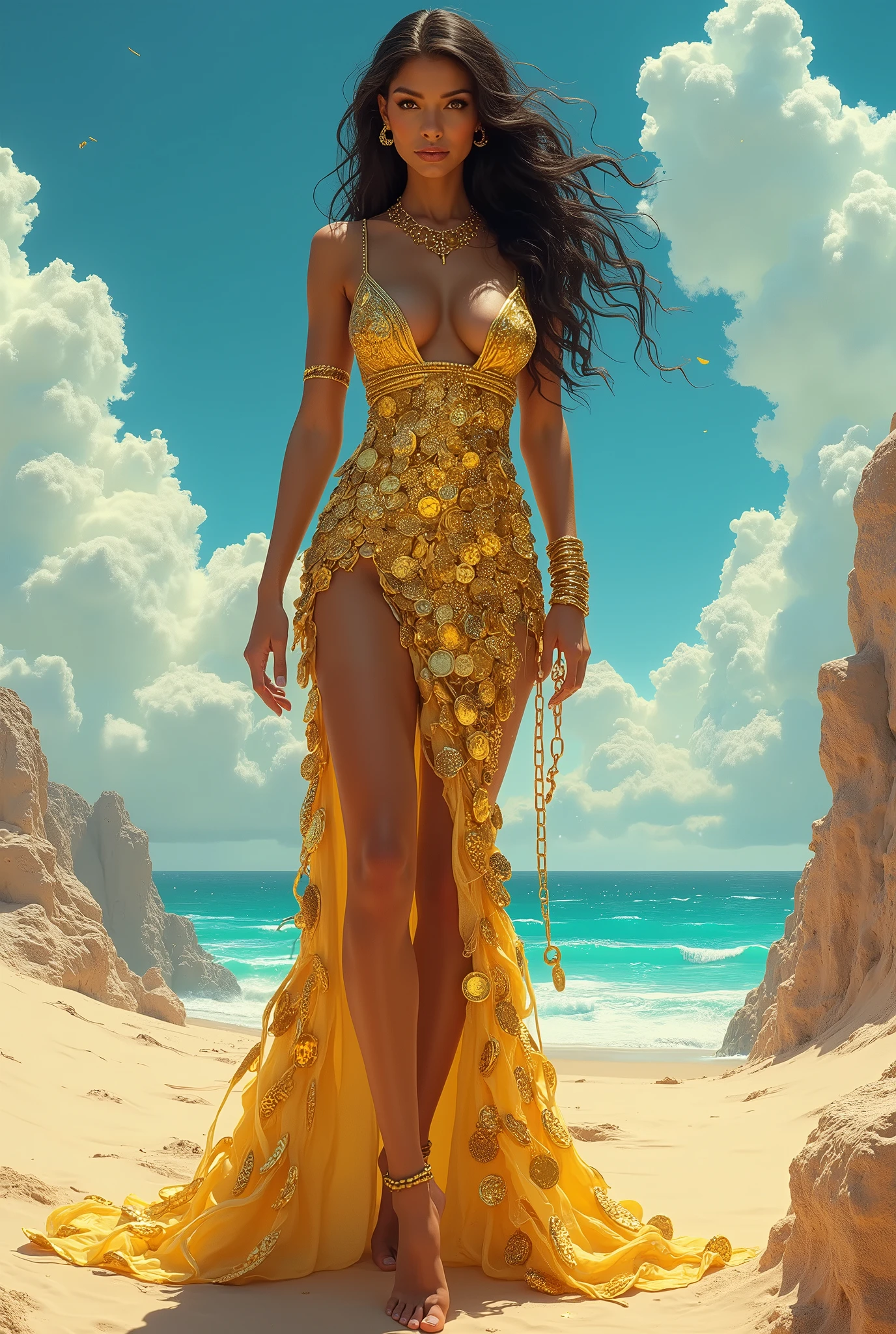 A dark brown-haired photographically ebony and muscular 25-year-old Zendaya wears a short orange Egyptian flapping cloak, with bare shoulders and a gigantic deep neckline, as she runs along the quay of a river flowing through a futuristic Egyptian city with her wet hair and clothes flapping in the rough wind. attractive body :1.4), sit-ups :1.1, ), (wet rainy, wet by rain, wet body :1.2), ((thin waist)), ultra-detailed face, detailed lips, detailed eyes, double eyelid, visible veins and curves, pool party, pool.