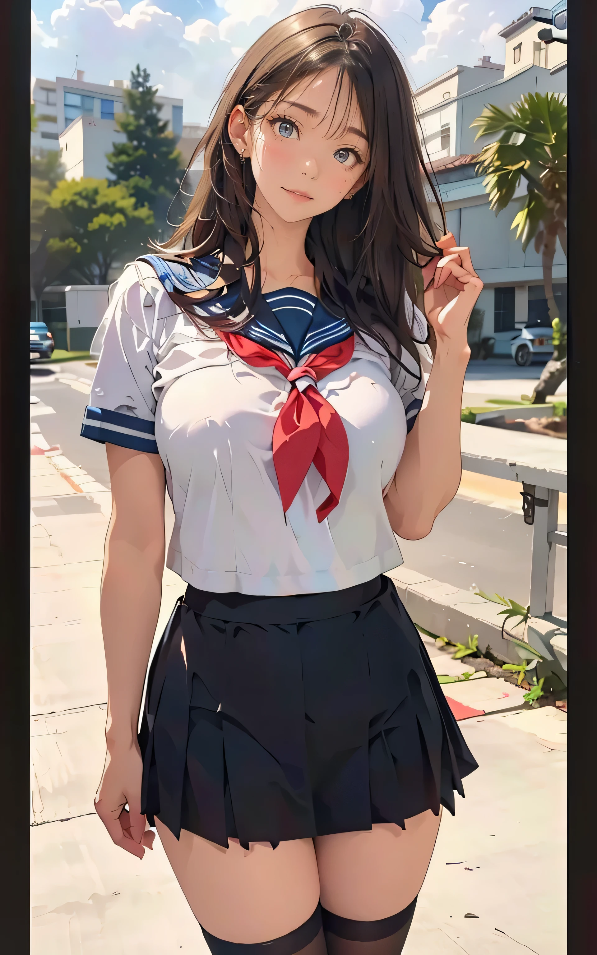 1 girl, alone, Laura S. Alceid (long dark blue hair, Ponytail and side van, ), ((School dress showing off her string panties、short ruffle skirt)), blush、Short clothes that show your waist、Classroom on the second floor with a sea view、I can see my belly button、