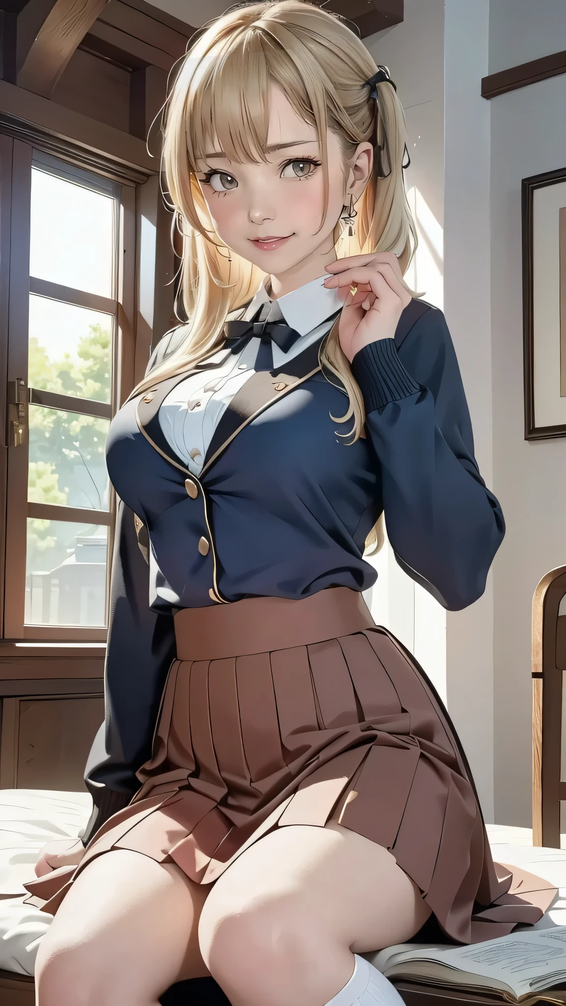 A breathtaking masterpiece、Captured in breathtaking 8K resolution、The portraits are exquisitely detailed and realistic.。The scene is bathed in HDR light.、Depicts a beautiful woman at a medium distance、(semi-long、blonde hair)、medium breasts、high school girl、(uniform、cute ribbon、skirt、knee high socks、blazer、uniformのボタン、uniformの襟、blouse、uniformのskirt、uniformのネクタイ、uniformの靴、uniformのベスト)、In a perfect contrapposto pose、Her hands were delicately placed on her head、Smiling amiably at the viewer。She exudes an aura of grace and charm.。