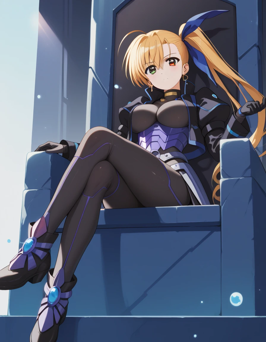 score_9, score_8_up, score_7_up, score_6_up, score_5_up, score_4_up, source_anime, bbvivio, aged up, long hair, blonde hair, ahoge, side ponytail, hair ribbon, heterochromia, large breasts, black bodysuit, cropped jacket, black jacket, puffy sleeves, long sleeves, black gloves, armor, sitting, throne, black footwear, crossed legs,