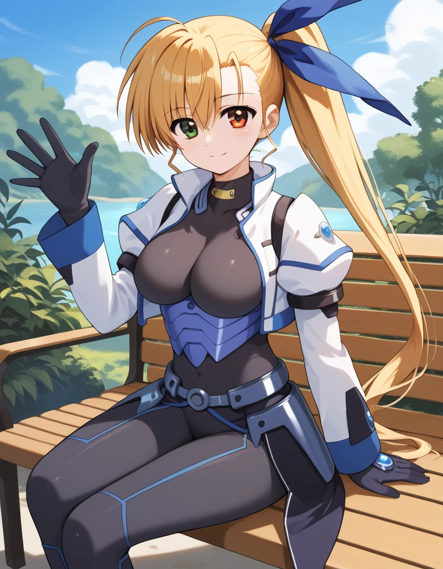 score_9, score_8_up, score_7_up, score_6_up, score_5_up, score_4_up, source_anime, bbvivio, aged up, long hair, blonde hair, ahoge, side ponytail, hair ribbon, heterochromia, large breasts, black bodysuit, cropped jacket, white jacket, puffy sleeves, long sleeves, black gloves, armor, sitting, bench, outdoors, smile, waving,