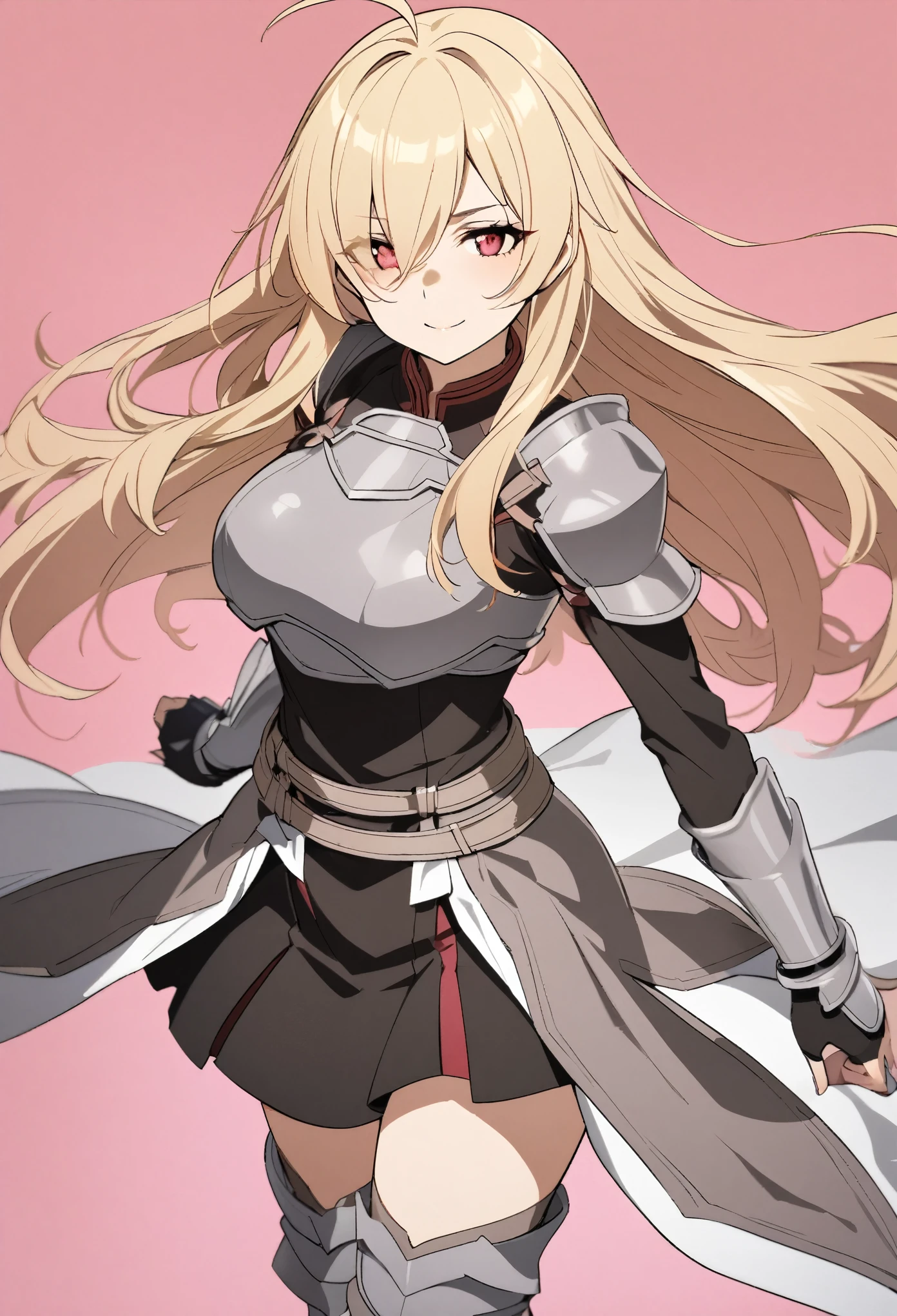 (high-quality, breathtaking),(expressive eyes, perfect face) 1girl, female, solo, mature, half open eyes, Alicization, Symmetrical Eyes, simple background, gentle smile, long hair, fantasy outfit, SAO inspired, maomao, armor, chest plate, sword art online outfit, cowboy shot, medium full shot, light blonde hair, bangs, alluring red eyes, large breasts, knight attire, Bicep-high Gauntlets, Armored Boots, Thigh-high Heeled Boots, Armored Gauntlets, Adventurer gear, Skirt, black white and pink color palette, black clothes, light pink accents on clothes, hair between eyes, fluffy hair, half open eyes, hair over one eye, small Ahoge, pale blonde hair color, bright red eye color, straight hair, (NO braids in hair)