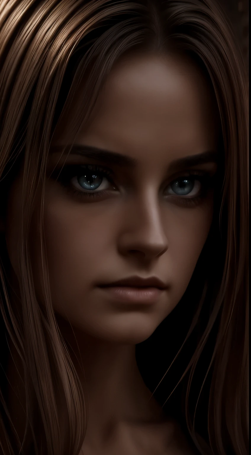 a detailed portrait of a mysterious woman with piercing eyes, long eyelashes, full lips, and an intense gaze, (best quality,4k,8k,highres,masterpiece:1.2),ultra-detailed,(realistic,photorealistic,photo-realistic:1.37),dramatic lighting, dramatic shadows, moody atmosphere, dark and mysterious, cinematic, chiaroscuro, dark fantasy, elegant, captivating