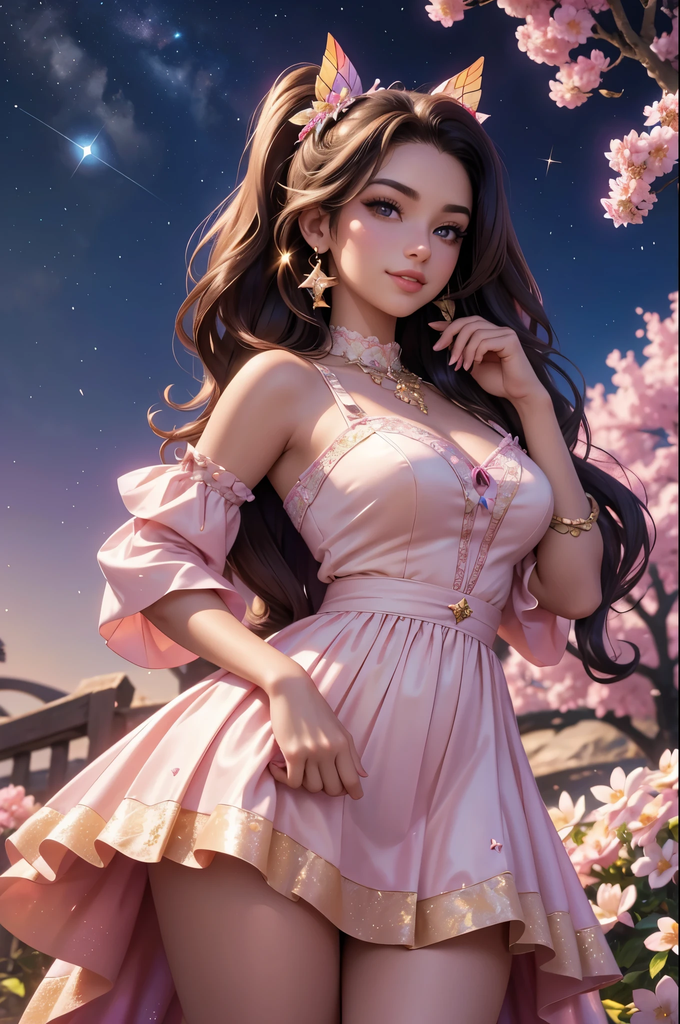 realistic cartoon,artwork,masterpiece,detailed,(best quality,4k,8k,highres,masterpiece:1.2),ultra-detailed,(realistic,photorealistic,photo-realistic:1.37),acrylic painting,beautiful Latina model in a ta dress with downy hair,beautiful Latina model with extremely colorful hair and detailed facial features,beautiful Latina model standing in a beautiful garden surrounded by a starry sky,beautiful Latina model wearing a vibrant Loliress,beautiful Latina model with intricate accessories and a matching hat,beautiful Latina model posing gracefully with her hands on her hips,beautiful Latina model with long flowing twintails,beautiful Latina model with bright blue eyes and rosy lips,beautiful Latina model with a joyful expression,beautiful Latina model in a dynamic pose with cherry blossoms falling around her,beautiful Latina model surrounded by colorful flowers and butterflies,beautiful Latina model's dress adorned with cute bows and lace details,beautiful Latina model with an enchanting smile,beautiful Latina model with soft pastel-colored shading,beautiful Latina model with a magical glow illuminating her,beautiful Latina model in a picturesque setting with a winding path leading to a magnificent castle,beautiful Latina model holding a microphone and singing passionately,beautiful Latina model with a fairytale-like background,beautiful Latina model with a soft, dreamy atmosphere,beautiful Latina model with a subtle bokeh effect,beautiful Latina model standing under a moonlit sky,beautiful Latina model with a warm golden sunset in the background,beautiful Latina model surrounded by twinkling stars and colorful nebulae,creating an ethereal and captivating artistic masterpiece