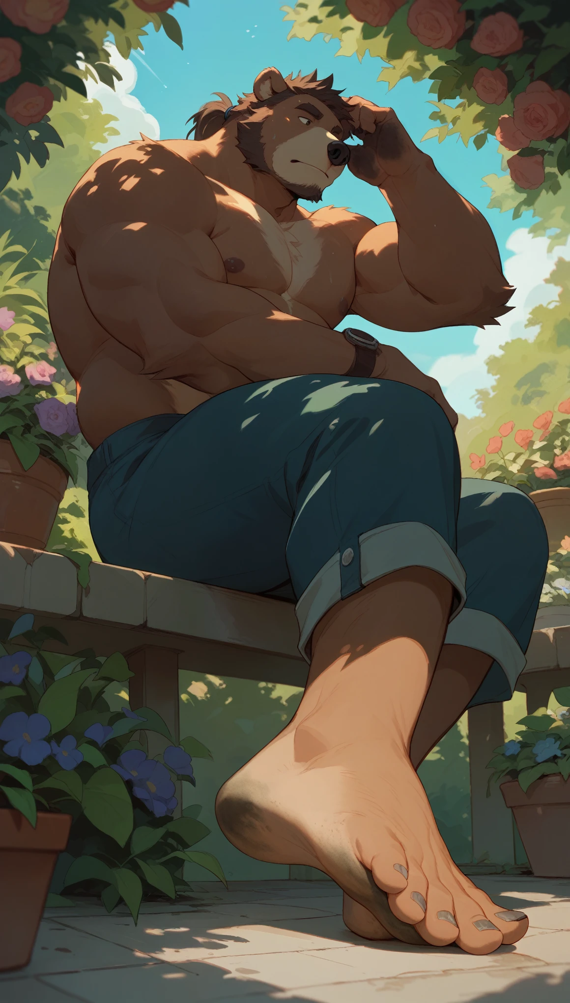 big, furry, muscular male, grizzly bear, ponytail hair, mature man, sitting in garden, barefoot, dirty feet, topless, no shoes, sole visible, foot focus, low angle view