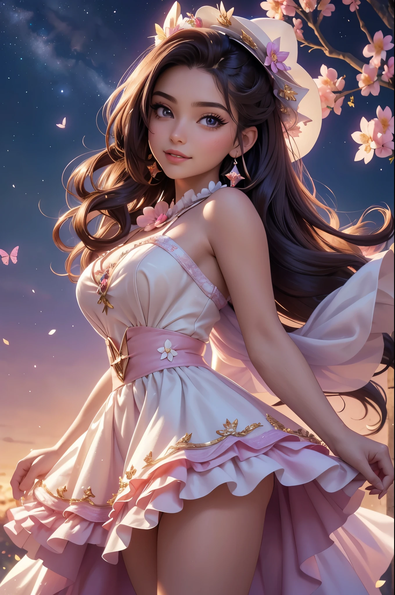 realistic cartoon,artwork,masterpiece,detailed,(best quality,4k,8k,highres,masterpiece:1.2),ultra-detailed,(realistic,photorealistic,photo-realistic:1.37),acrylic painting,beautiful Latina model in a Lolita dress with downy hair,beautiful Latina model with extremely colorful hair and detailed facial features,beautiful Latina model standing in a beautiful garden surrounded by a starry sky,beautiful Latina model wearing a vibrant Lolita dress,beautiful Latina model with intricate accessories and a matching hat,beautiful Latina model posing gracefully with her hands on her hips,beautiful Latina model with long flowing twintails,beautiful Latina model with bright blue eyes and rosy lips,beautiful Latina model with a joyful expression,beautiful Latina model in a dynamic pose with cherry blossoms falling around her,beautiful Latina model surrounded by colorful flowers and butterflies,beautiful Latina model's dress adorned with cute bows and lace details,beautiful Latina model with an enchanting smile,beautiful Latina model with soft pastel-colored shading,beautiful Latina model with a magical glow illuminating her,beautiful Latina model in a picturesque setting with a winding path leading to a magnificent castle,beautiful Latina model holding a microphone and singing passionately,beautiful Latina model with a fairytale-like background,beautiful Latina model with a soft, dreamy atmosphere,beautiful Latina model with a subtle bokeh effect,beautiful Latina model standing under a moonlit sky,beautiful Latina model with a warm golden sunset in the background,beautiful Latina model surrounded by twinkling stars and colorful nebulae,creating an ethereal and captivating artistic masterpiece