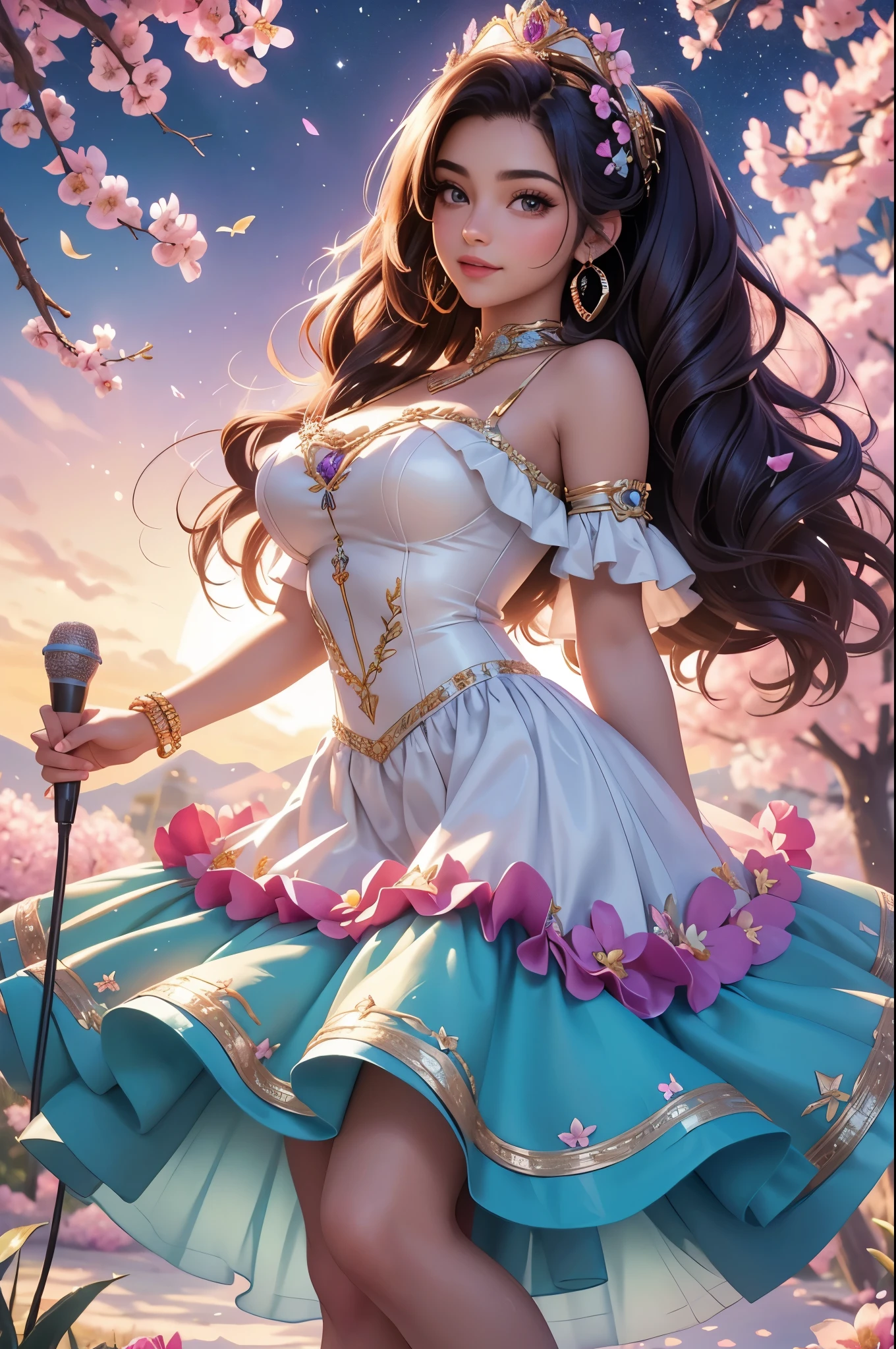 (highres, realistic:1.37), beautiful detailed eyes, beautiful detailed lips, longeyelashes, curvy figure, confident smile, elegant pose, vibrant colors, regency era, bokeh, oil painting style, soft lighting, romantic setting, blooming flowers, flowing dress, busty, ((playing sitar)), under a cosmic sky full of stars and nebula, surrounded by flowers and crystals, graceful movement, delicate features, alluring gaze