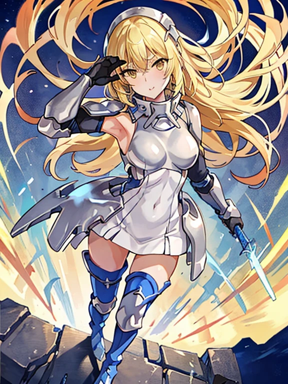 ais, 1girl, solo, blonde hair, armor, long hair, straight hair, thighhighs, boots, dress, yellow eyes, thigh boots, blue long boots, blue footwear, covered navel, breastplate, shoulder armor, gloves, white dress outdoor, sunny, standing