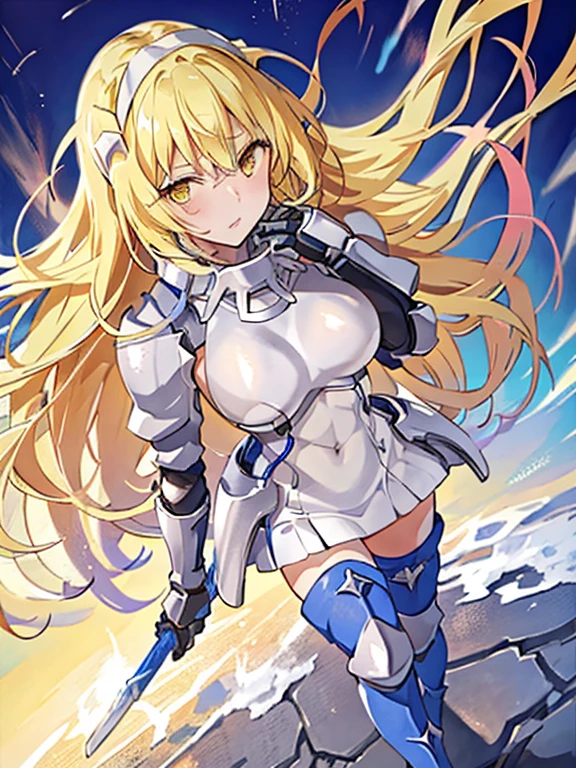 ais, 1girl, solo, blonde hair, armor, long hair, straight hair, thighhighs, boots, dress, yellow eyes, thigh boots, blue long boots, blue footwear, covered navel, breastplate, shoulder armor, gloves, white dress outdoor, sunny, standing