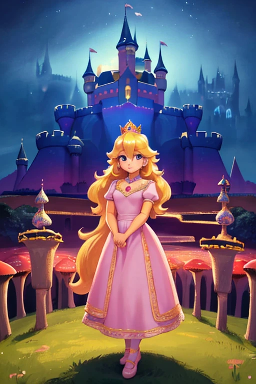 a beautiful young girl with delicate facial features, blonde hair, and a princess peach dress, wearing a crown and tiara, standing in the magical mushroom kingdom with a castle in the background, surrounded by a fantastical landscape with vibrant colors and soft lighting, masterpiece, 8k, highly detailed