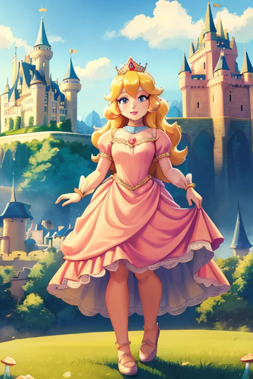 a beautiful young girl with delicate facial features, blonde hair, and a princess peach dress, wearing a crown and tiara, standing in the magical mushroom kingdom with a castle in the background, surrounded by a fantastical landscape with vibrant colors and soft lighting, masterpiece, 8k, highly detailed