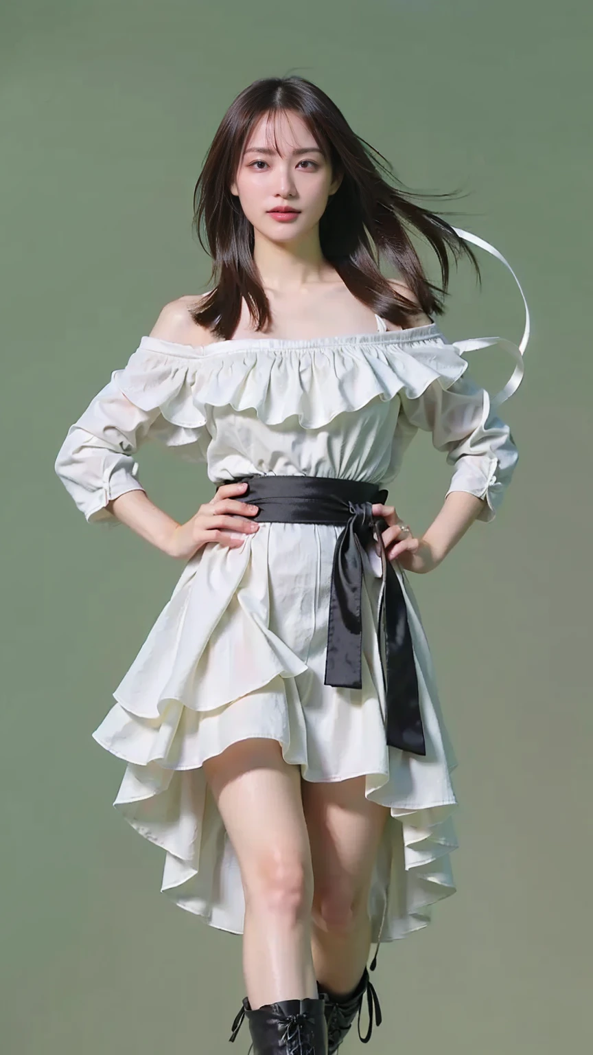 (8k、RAW Photos、Please redeem、masterpiece:1.2)、(Realistic、Realistic)、1 person、((white and black dress、smile、Big ribbon、、boots、View、Looking into the camera、Green background、Stand with hands on hips))、cute