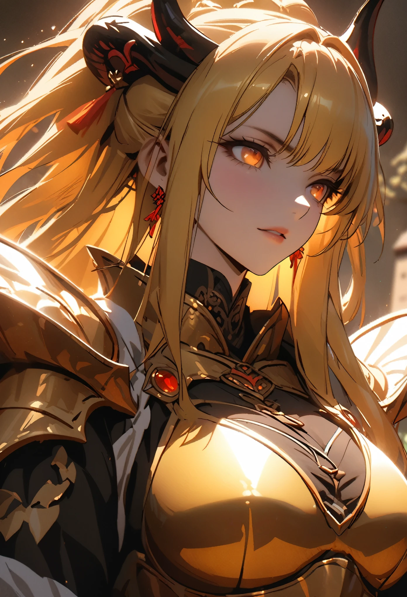 ((solo)), (woman), orange eyes, ((golden yellow hair)), long hair, fluff hair, (adult), ((old)), ((mature)), big breasts, thick girl, a close up of a person, detailed key anime art, casimir art, masamune shiro, masamune, beautiful girl in demon slayer art, heise jinyao, shadowverse style, (no logos), wearing golden full plate armor, shiny hair, depth of field, cinematic lighting, ray tracing, depth of field, cinematic lighting, ray tracing, UHD, high details, best quality, highres, high quality, award winning, super detail, masterpiece, 8k, UHD, high details, best quality, highres, high quality, award winning, super detail, masterpiece, 8k, dragon horns