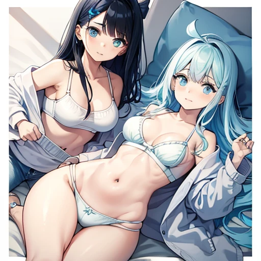 ((two girls,))(((see-through High leg swimsuit,see-through thigh-high socks,See-through long gloves))),Rough breathing, sweaty body,Blushing, looking shy and glaring at me,Heavy breathing,saliva, sweat, Sweaty and wet all over,((Perfect body,))((Super beautiful,))((High quality,),gigantic breast,very small breast,full color,lie on the bed,(yuri,girls love,)Two beautiful girls hug each other closely