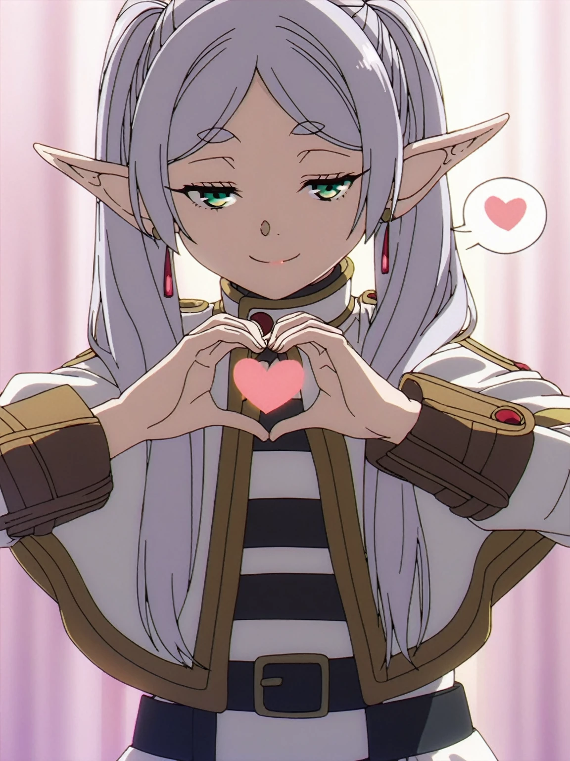 1girl, sfrieren, solo, elf, pointy ears, silver hair, white hair, green eyes, small breasts, flat chest, BREAK
robe, black pantyhose, brown boots, belt, capelet,,, naughty face, closed mouth, smile, half-closed eyes, upper body, BREAK
 (heart hands:1.2), spoken heart , BREAK
score_9, score_8_up, score_7_up, score_6_up, anime,
(high quality, detailed, beautiful), shiny, detailed beautiful eyes, outstanding, countershading, detailed soft lighting