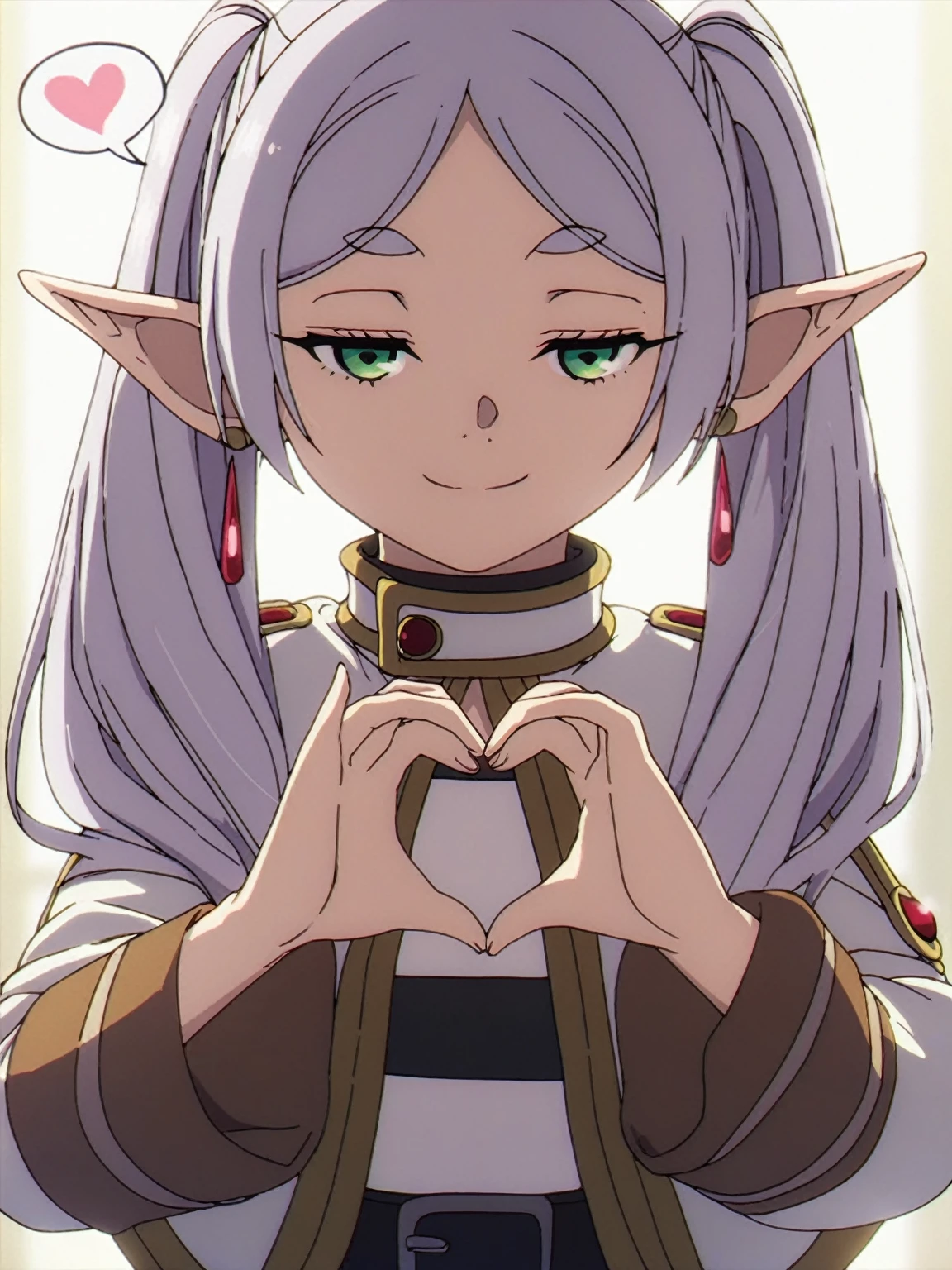 1girl, sfrieren, solo, elf, pointy ears, silver hair, white hair, green eyes, small breasts, flat chest, BREAK
robe, black pantyhose, brown boots, belt, capelet,,, naughty face, closed mouth, smile, half-closed eyes, upper body, BREAK
 (heart hands:1.2), spoken heart , BREAK
score_9, score_8_up, score_7_up, score_6_up, anime,
(high quality, detailed, beautiful), shiny, detailed beautiful eyes, outstanding, countershading, detailed soft lighting