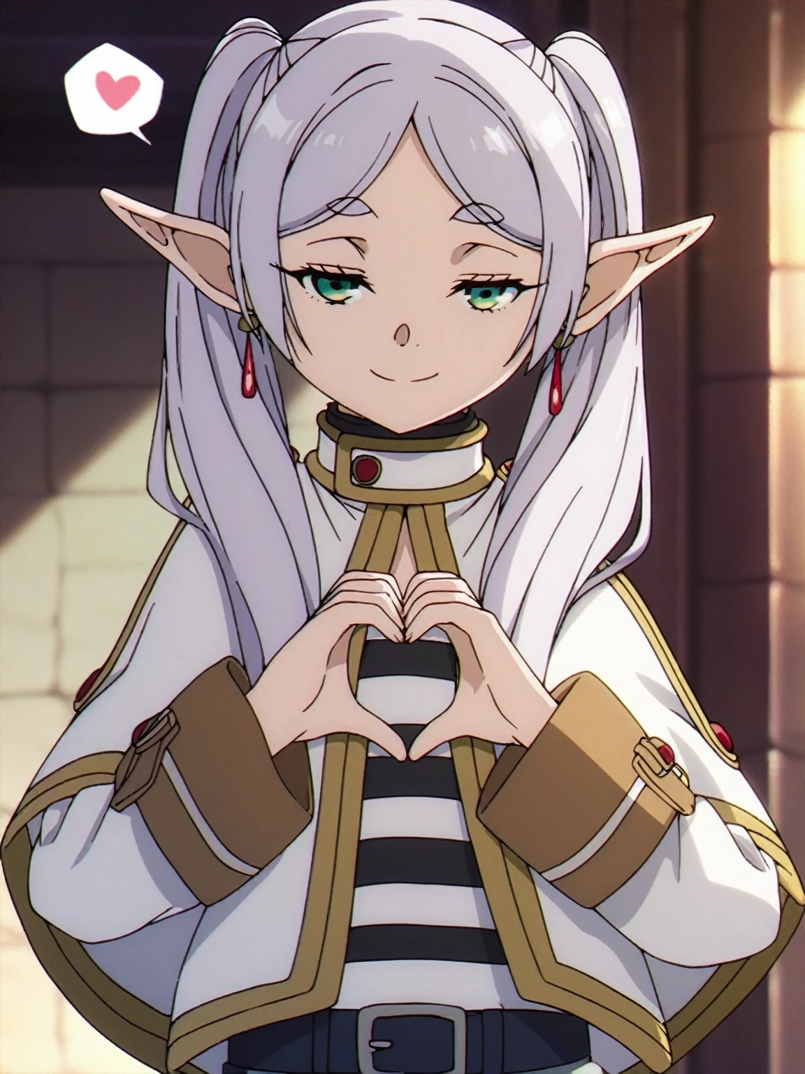 1girl, sfrieren, solo, elf, pointy ears, silver hair, white hair, green eyes, small breasts, flat chest, BREAK
robe, black pantyhose, brown boots, belt, capelet,,, naughty face, closed mouth, smile, half-closed eyes, upper body, BREAK
 (heart hands:1.2), spoken heart , BREAK
score_9, score_8_up, score_7_up, score_6_up, anime,
(high quality, detailed, beautiful), shiny, detailed beautiful eyes, outstanding, countershading, detailed soft lighting