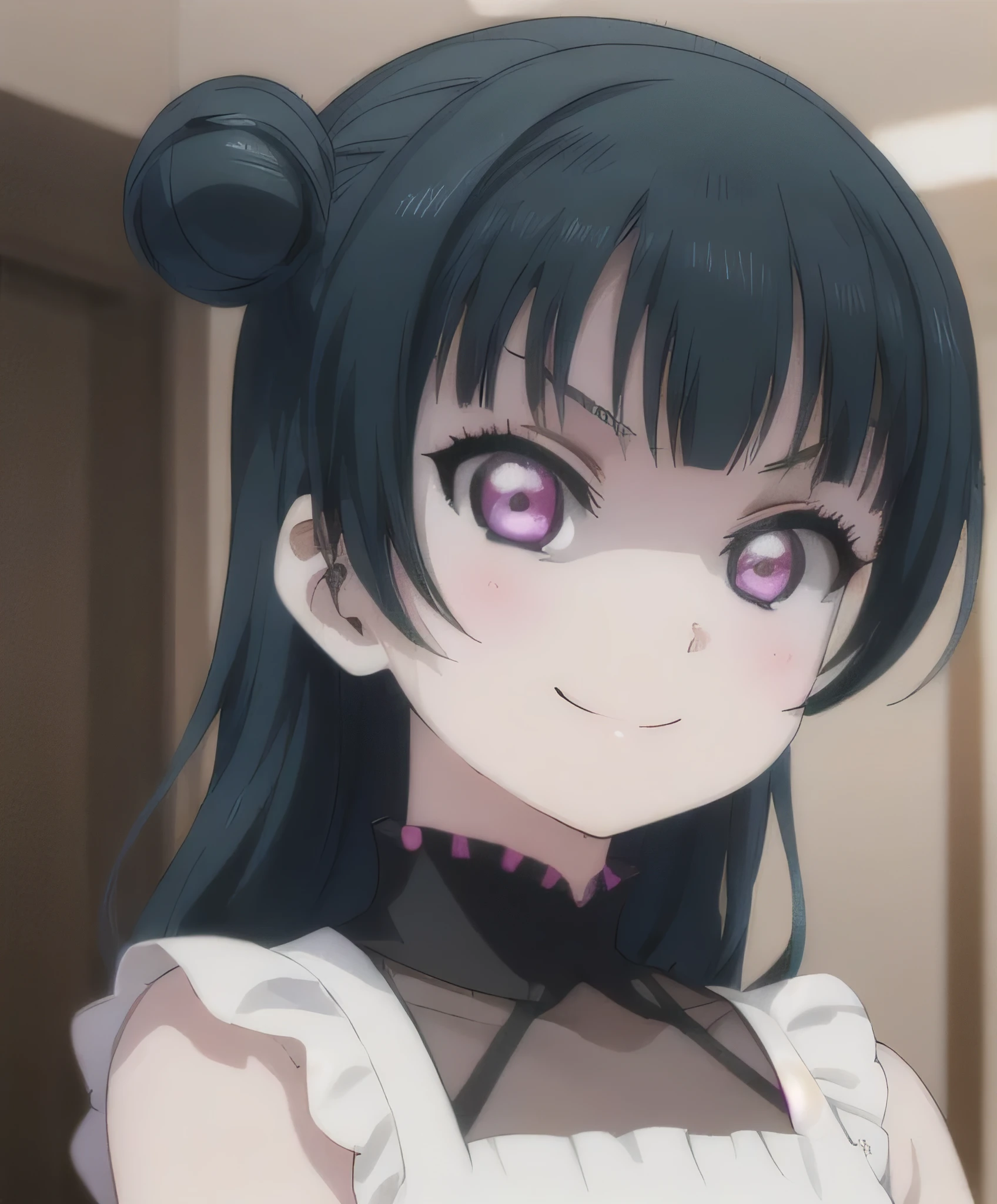 (masterpiece, best quality), 1girl, yoshiko tsushima,black latex,evil smirk, dark