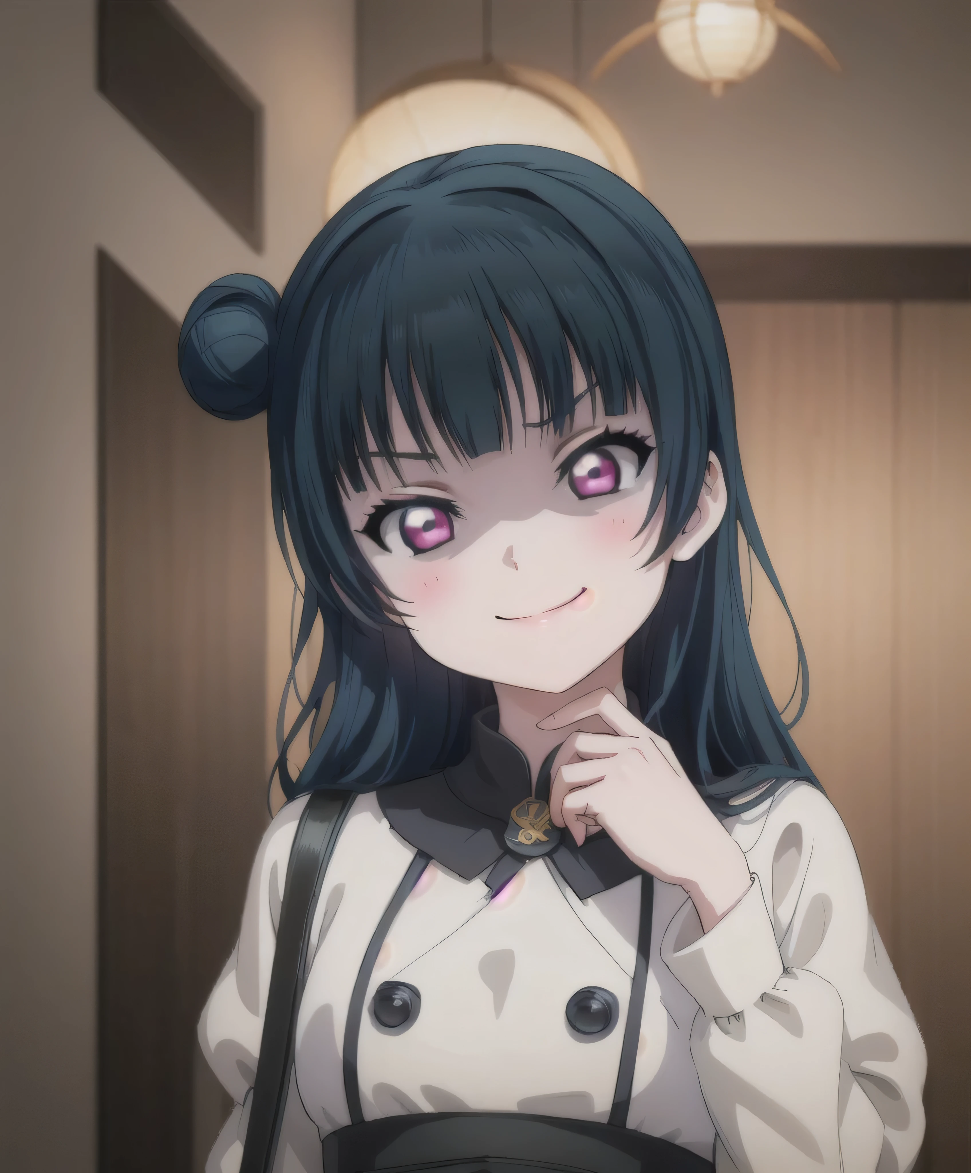 (masterpiece, best quality), 1girl, yoshiko tsushima,black latex,evil smirk, dark and purple aura background,
