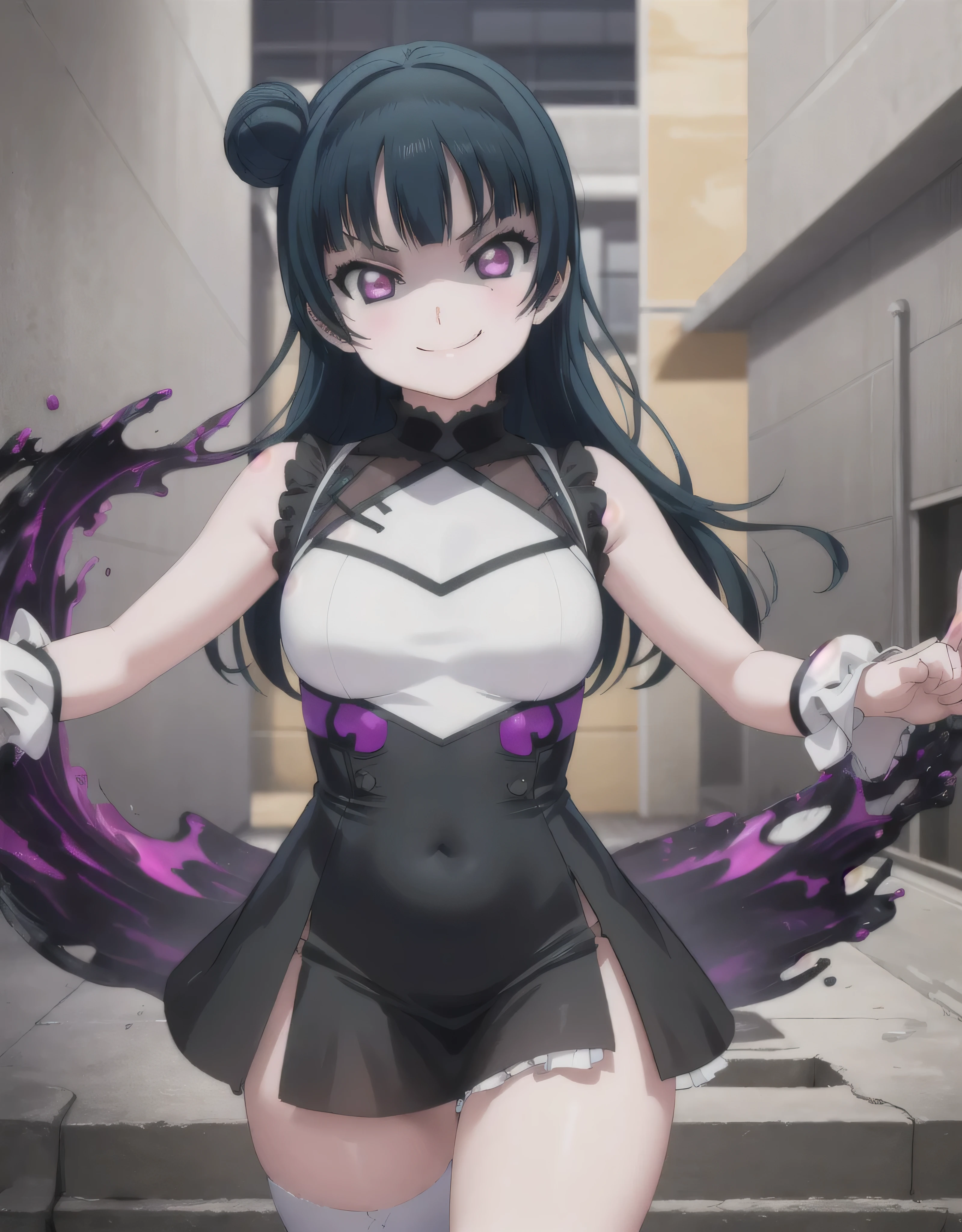 (masterpiece, best quality), 1girl, yoshiko tsushima,black latex,evil smirk, ruins and purple aura background,