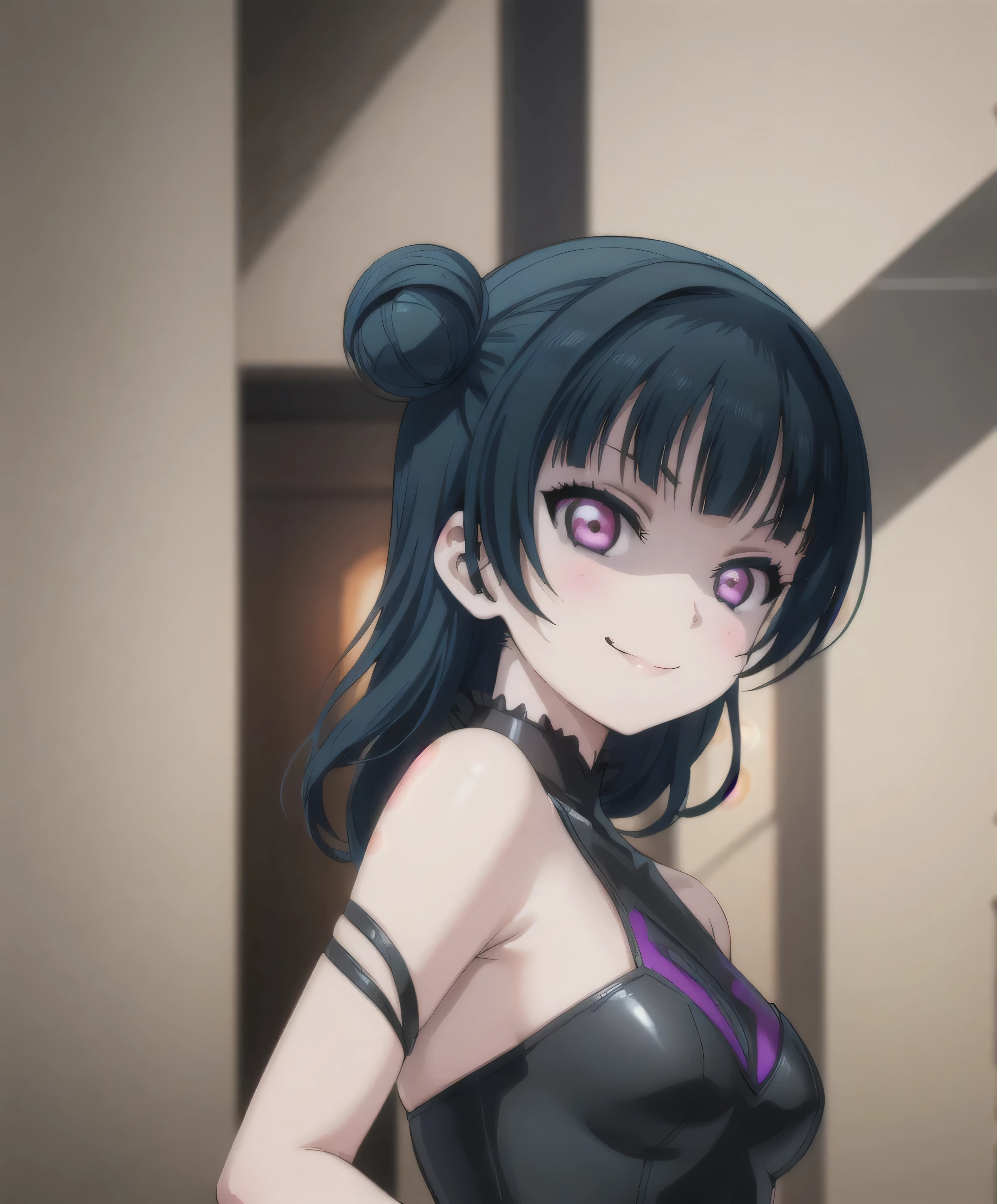 (masterpiece, best quality), 1girl, yoshiko tsushima,black latex,evil smirk, ruins background,aura(black and purple)
