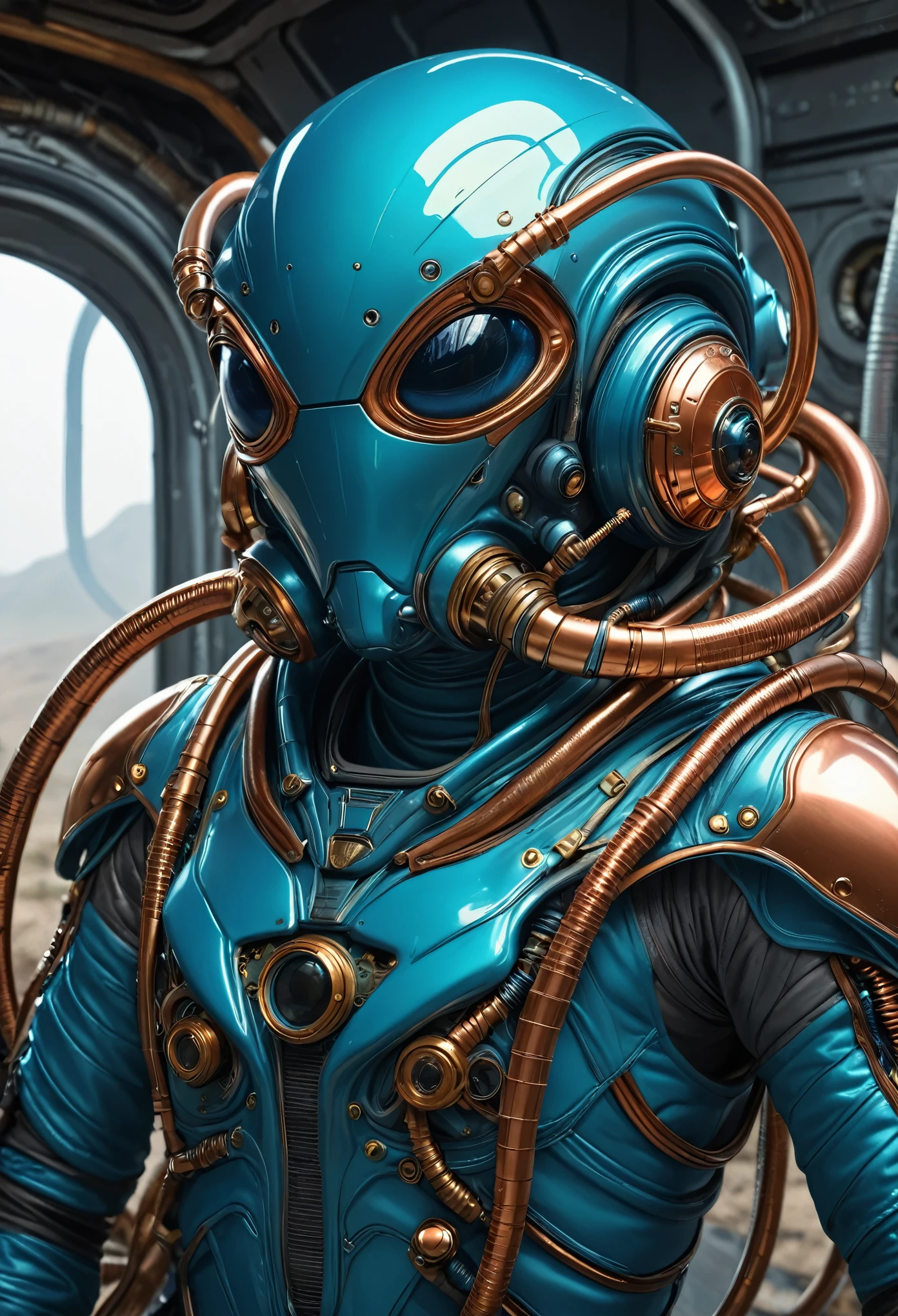 The best quality, masterpiece: 1,1), A fantastic view of an insectoid alien, a blue-colored spacesuit, entangled with thin hoses and copper tubes, hyperrealistic, insanely detailed, this masterpiece of digital art can be compared with the wonderful works of Artgerm, Greg Rutkowski and Alphonse Mucha.