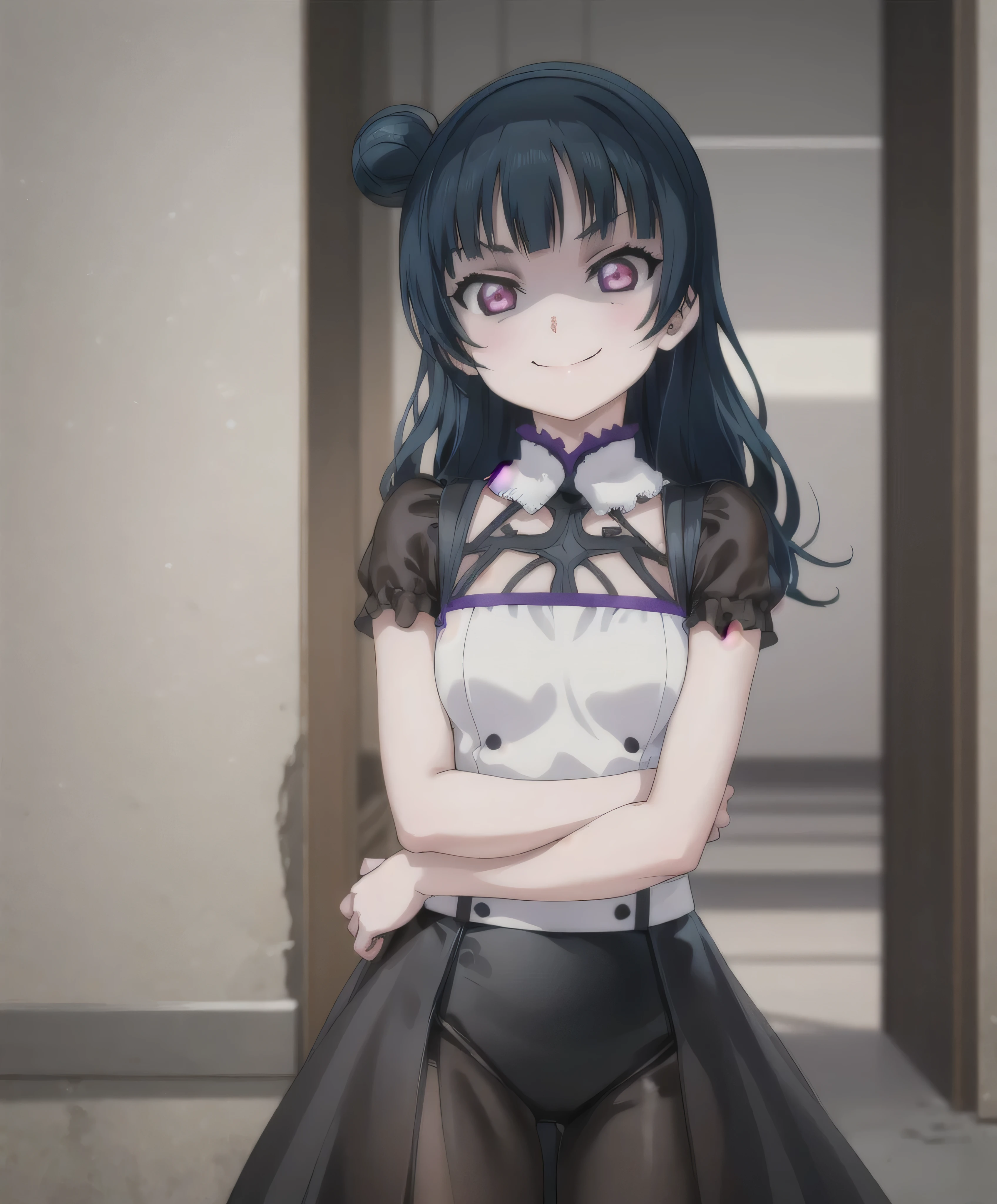 (masterpiece, best quality), 1girl, yoshiko tsushima,black latex,evil smirk, ruins background,aura(black and purple)