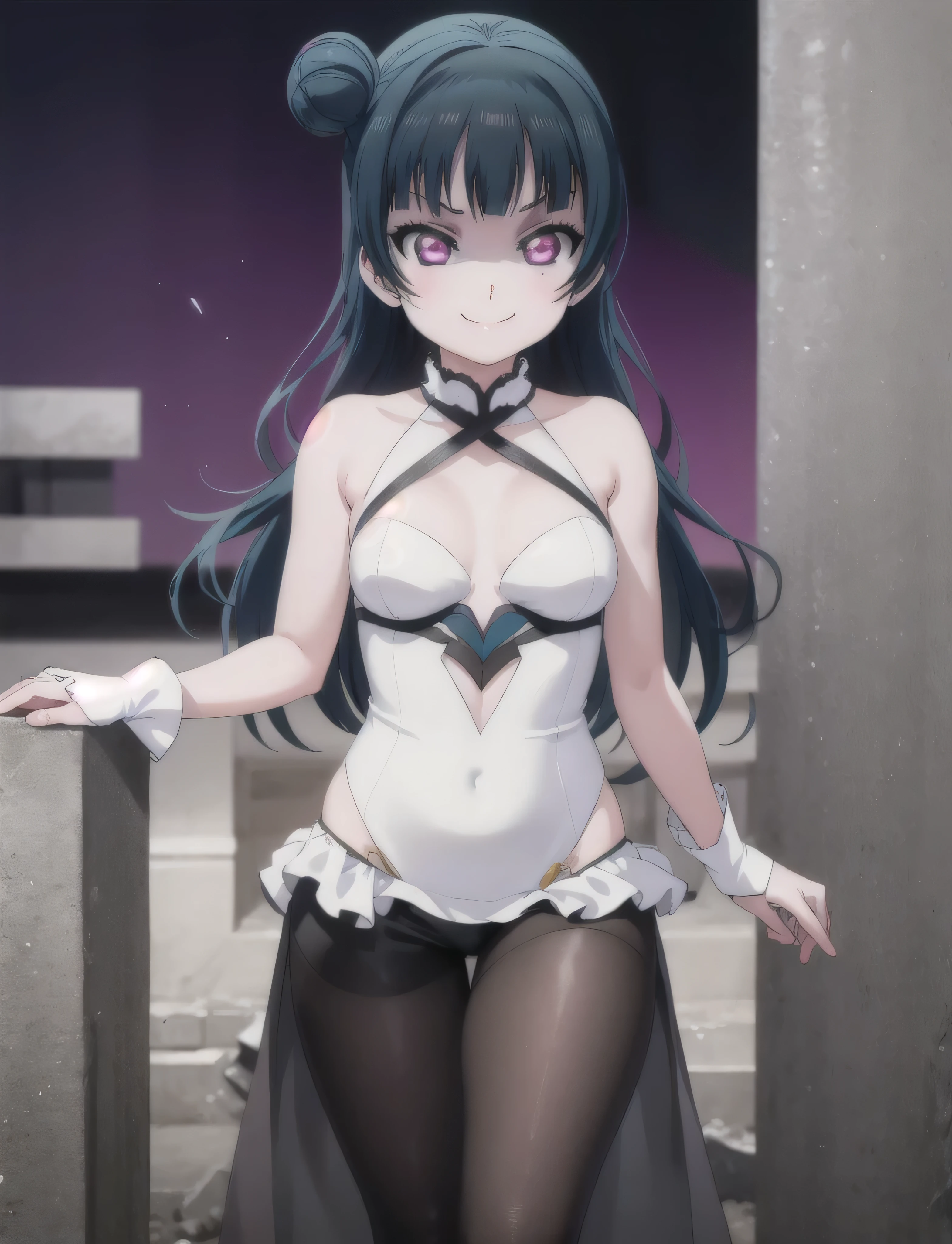 (masterpiece, best quality), 1girl, Yoshiko Tsushima,black latex,evil smirk, ,aura(black and purple)background,ruins