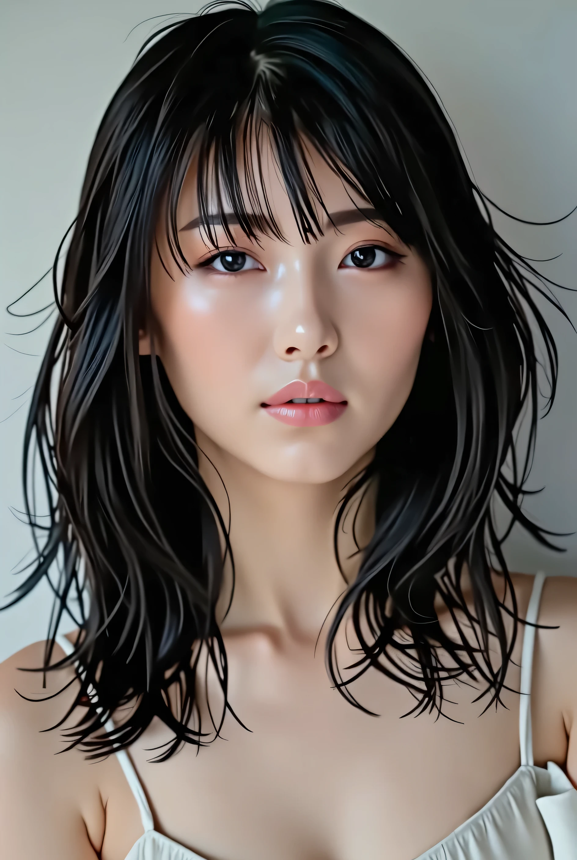Wolf Hairstyles、Layered hairstyle、Light hairstyle、Inward curled hair、Semi-long hairstyle that reaches below the collarbone、Very bright natural light、In front of a luxury building、White T-shirt、K POPアイドル風な顔、Natural Makeup、Soft dark hair color、Adult atmosphere