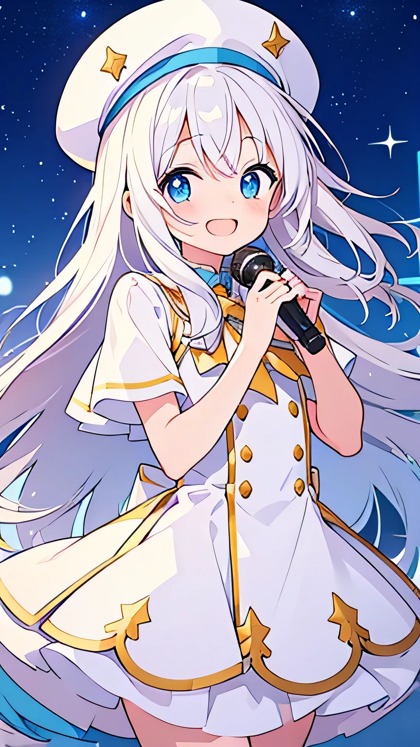 Embarrassed smile、Open your mouth、Singing with a microphone、white hat with gold decoration、Long white hair、Put your whole body in、Starry Sky