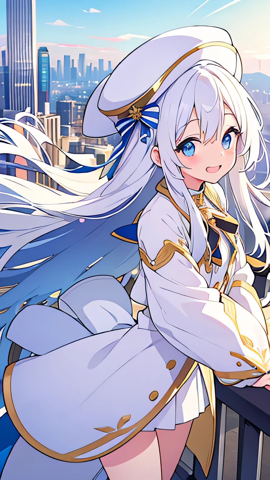 Embarrassed smile、Open your mouth、City Background、white hat with gold decoration、Long white hair、Put your whole body into it、Aori