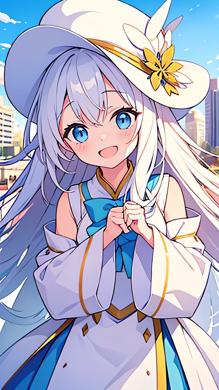 Embarrassed smile、Open your mouth、City Background、white hat with gold decoration、Long white hair、Put your whole body into it、Aori