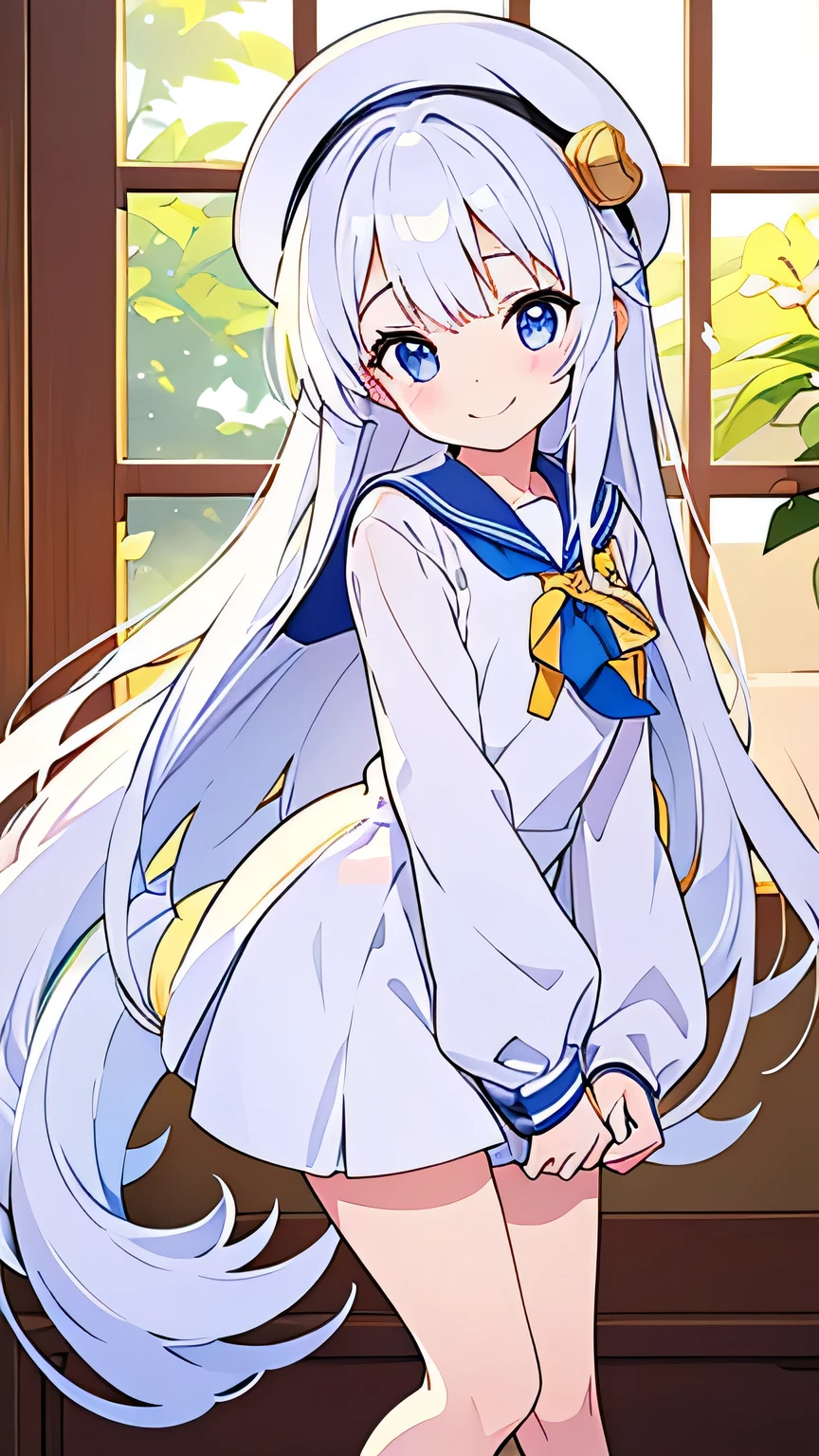 smile、Wearing a sailor suit、Side Tail、Wear a gorgeous indoor 、white hat with gold decoration、Long white hair、Put your whole body into it