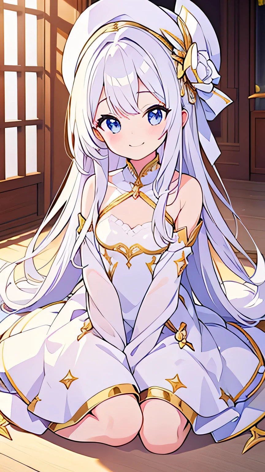 smile、Wear a glittering dress、Side Tail、Wear a gorgeous indoor 、white hat with gold decoration、Long white hair、Put your whole body into it
