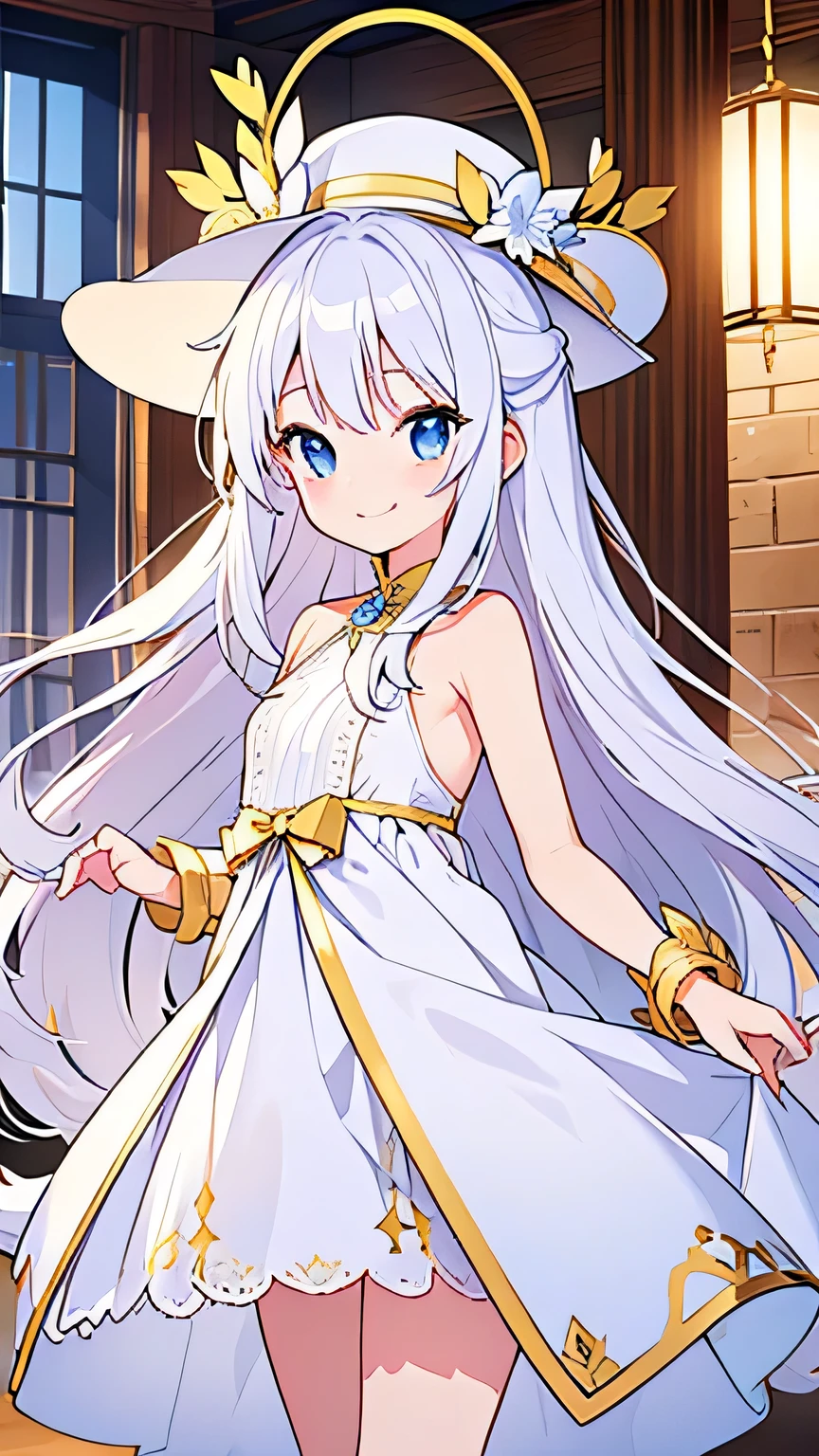 Swimwear、smile、Wear a glittering dress、Side Tail、Wear a gorgeous indoor 、white hat with gold decoration、Long white hair、Put your whole body into it