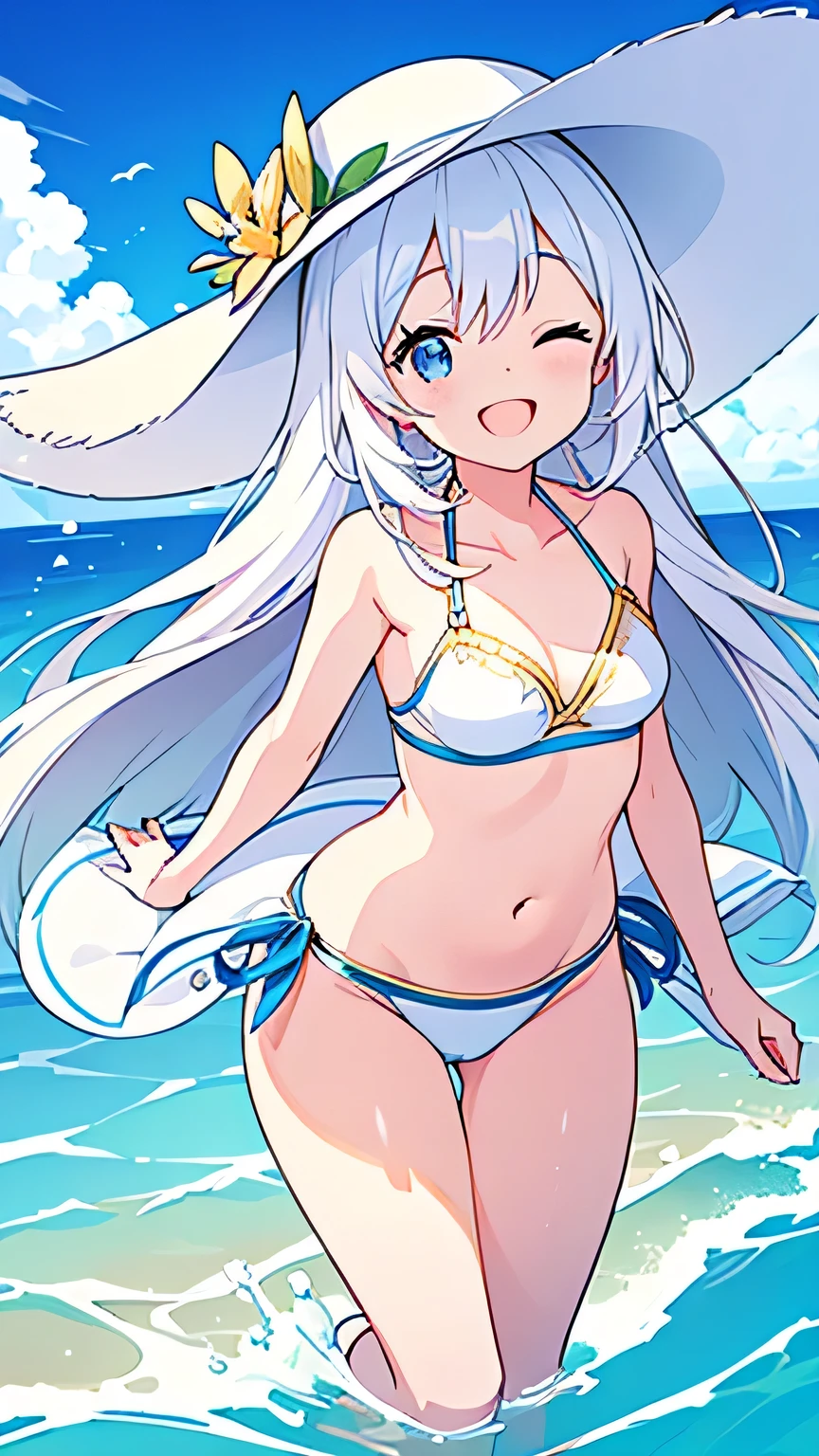 Swimwear、smile、Open your mouth、Ocean Background、white hat with gold decoration、Long white hair、Put your whole body into it、Aori