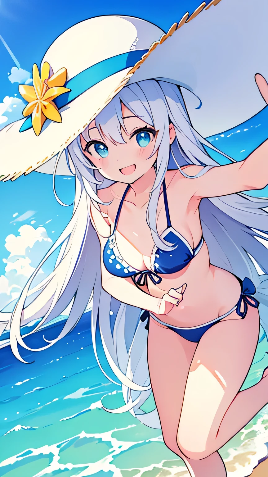 Swimwear、smile、Open your mouth、Ocean Background、white hat with gold decoration、Long white hair、Put your whole body into it、Aori