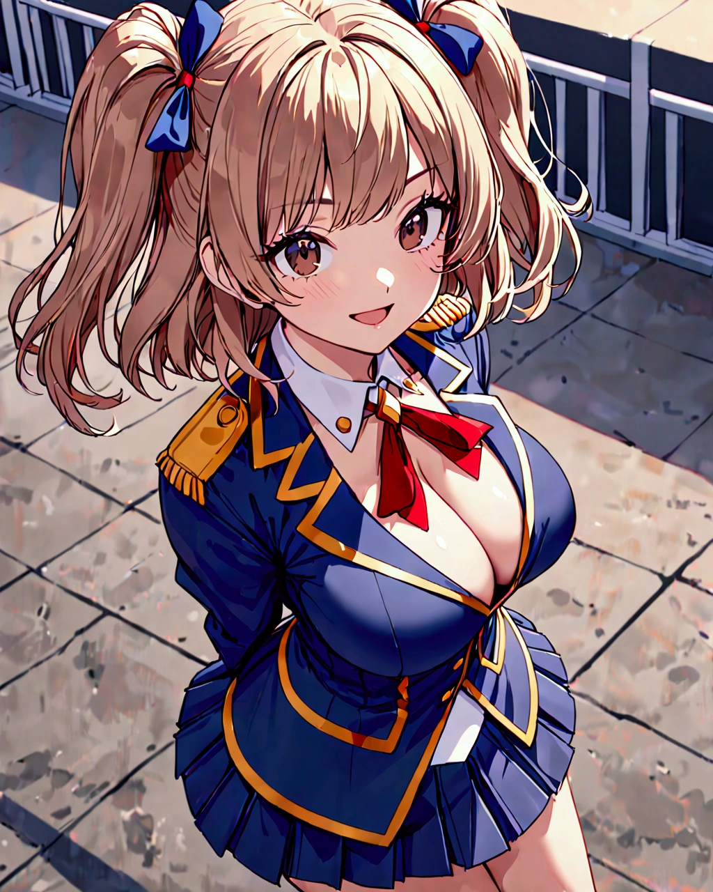 (best quality), (beautiful), (masterpiece), petite, 1girl, upper body above the knees, (marching band costume, navy blue spencer jacket, pleated miniskirt:1.2), light smile, open mouth, light brown hair, medium hair, wave hair, two side up with ribbon, dark brown eyes, large breasts, looking at viewer, confident pose, outdoor stage, from side above