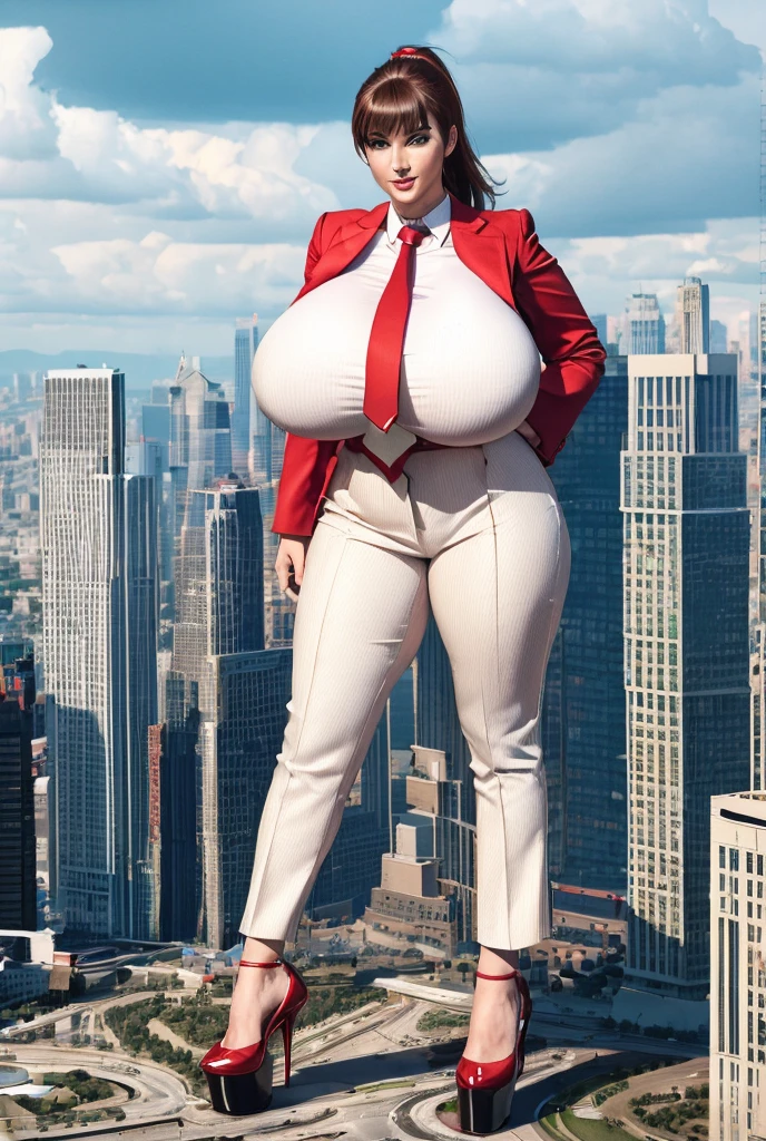  Young adult 1 woman, bbw, beautiful curves a massive curvy thighs redhead ponytail red lips wearing a perfect crimson pinstriped suit trousers with a ((massive thick and massive red necktie, windosr knot the size of a fist)) white crisp shirt, massive breasts. Black Platform high heels, colossal breasts. Platform high heels , standing, giantess art, tie bar, highly detailed giantess shots, giantess, most detailed, perfect face, Two legs, Five fingers, short hair, A girl who is bigger than a skyscraper, standing on very small city, skyscarpers at their feet, skyscrapers small, smile, huge breasts, major metropolis, numerous cities, , A very small big city, Miniature metropolis, Full body description, GTS, giga giantess, gigagts, stomping city, crash city, tiny city, micro city, , High resolution, highest quality, masterpiece,  tiny destroyed skyscrapers city, illustration, skyscrapers size of small toys standing behind and very far away from city, (masterpiece, best quality, best shadows, best shading, perfect hands, perfect face, cinematic lighting, colorful, ultra-detailed, beautiful photography, character focus, extremely-detailed, photorealistic, hyper photorealism, atmospheric), ), (giantess, stereotypical office boss), (dirty, filthy, unwashed, sweaty, unkempt, happy, tired, exhausted, annoyed), ((walking, mid stride:1.2, stepping down on:1.2, stomping, crush, rampage)), (black patent Louboutin rounded toe pumps, high heels, platform heels), ((,)), ((long ponytail hair with front bangs)), (high altitude photography, satellite view), (curvy, , heaving bosom, legs), (mega city, urban sprawl, and small towns, buildings, roads), (((cloudy, overcast, clouds and atmosphere partly obscuring the subject:1.2, hazy atmosphere, haze in foreground, wispy clouds)))